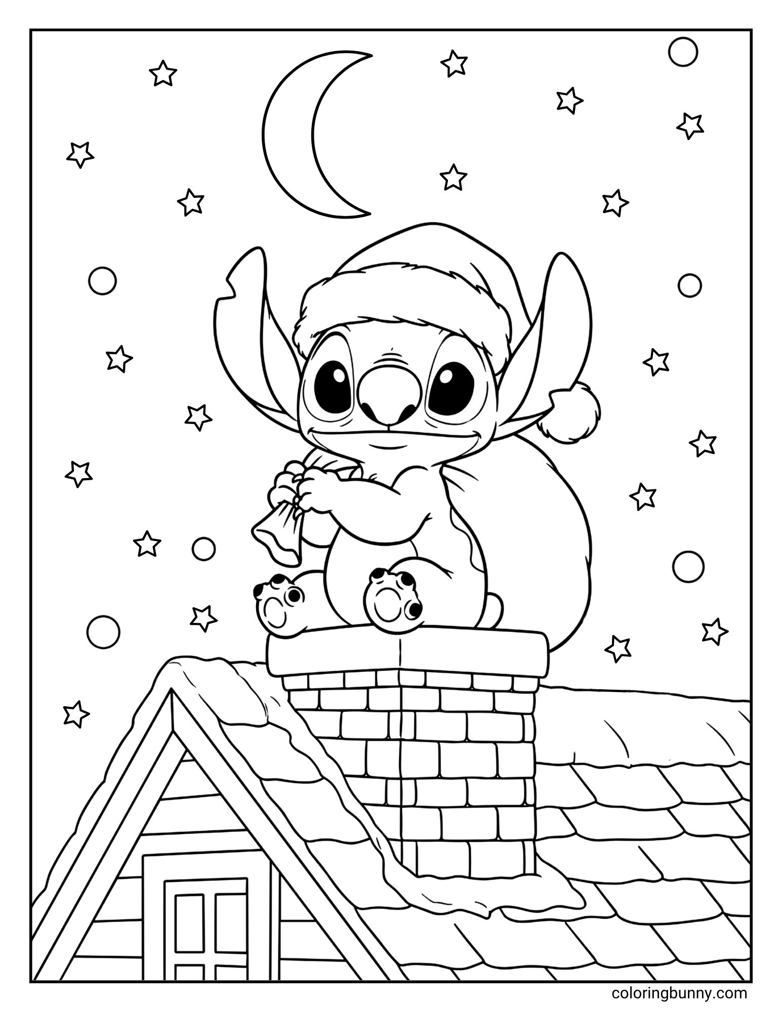 A black and white coloring page featuring the character Stitch. He is wearing a Santa hat and sitting on a chimney, holding a bell, with a sack of presents. The background is a snowy night sky with a crescent moon and stars.