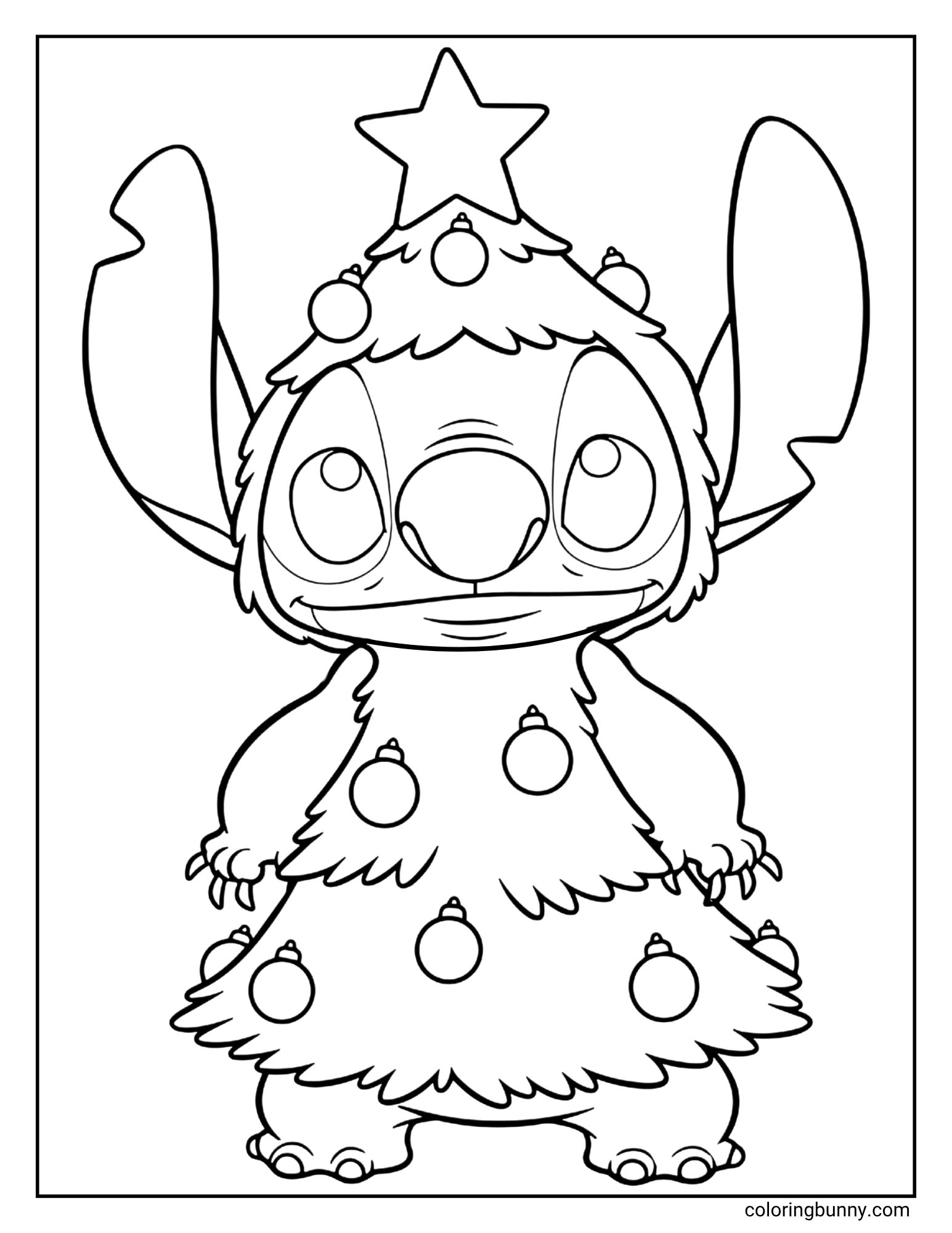 A black and white coloring page featuring the character Stitch. He is standing and smiling while wearing a full-body Christmas tree costume, complete with a star on top and baubles.