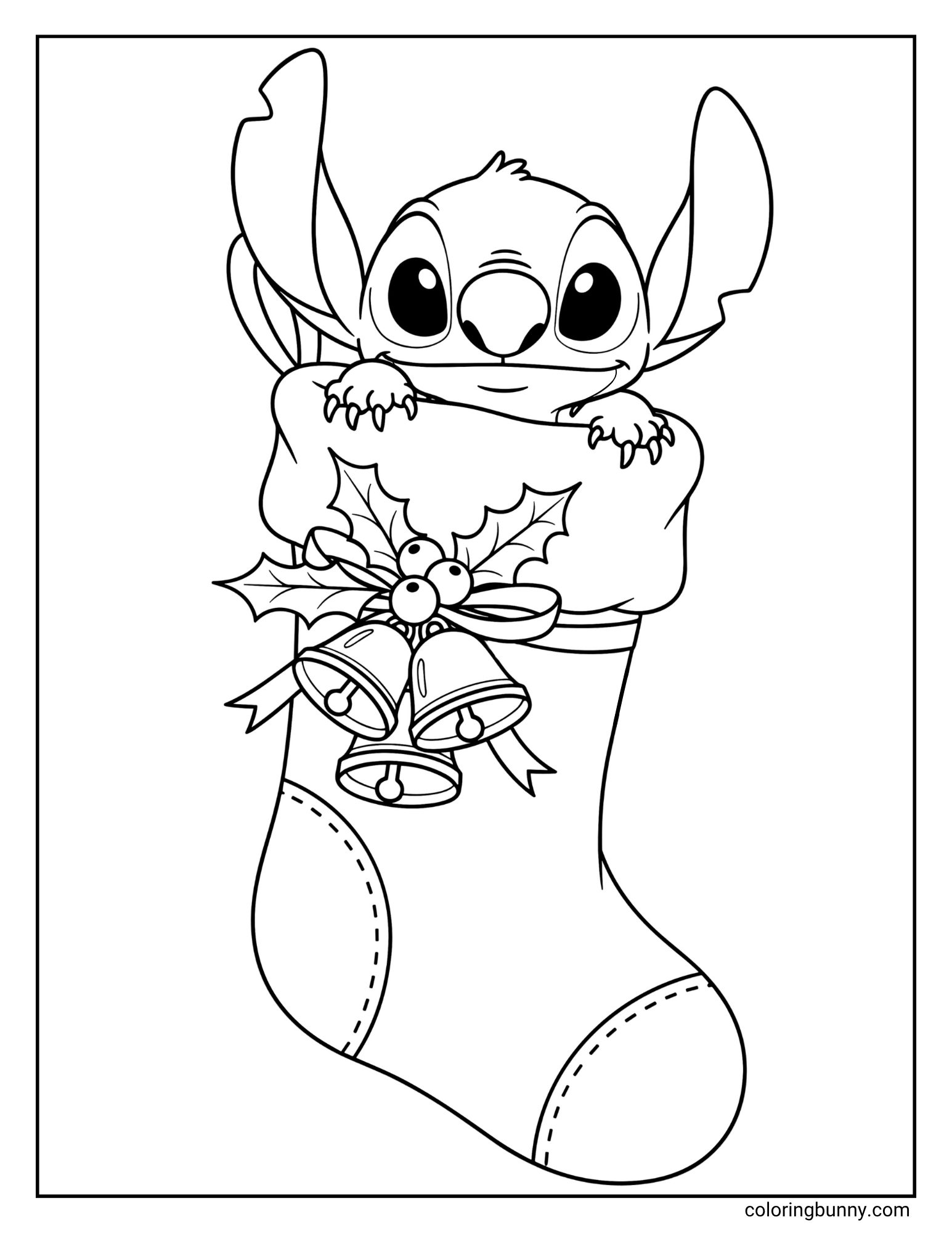 A Christmas coloring page featuring the character Stitch. He is peeking out of a large Christmas stocking that is decorated with jingle bells and holly.