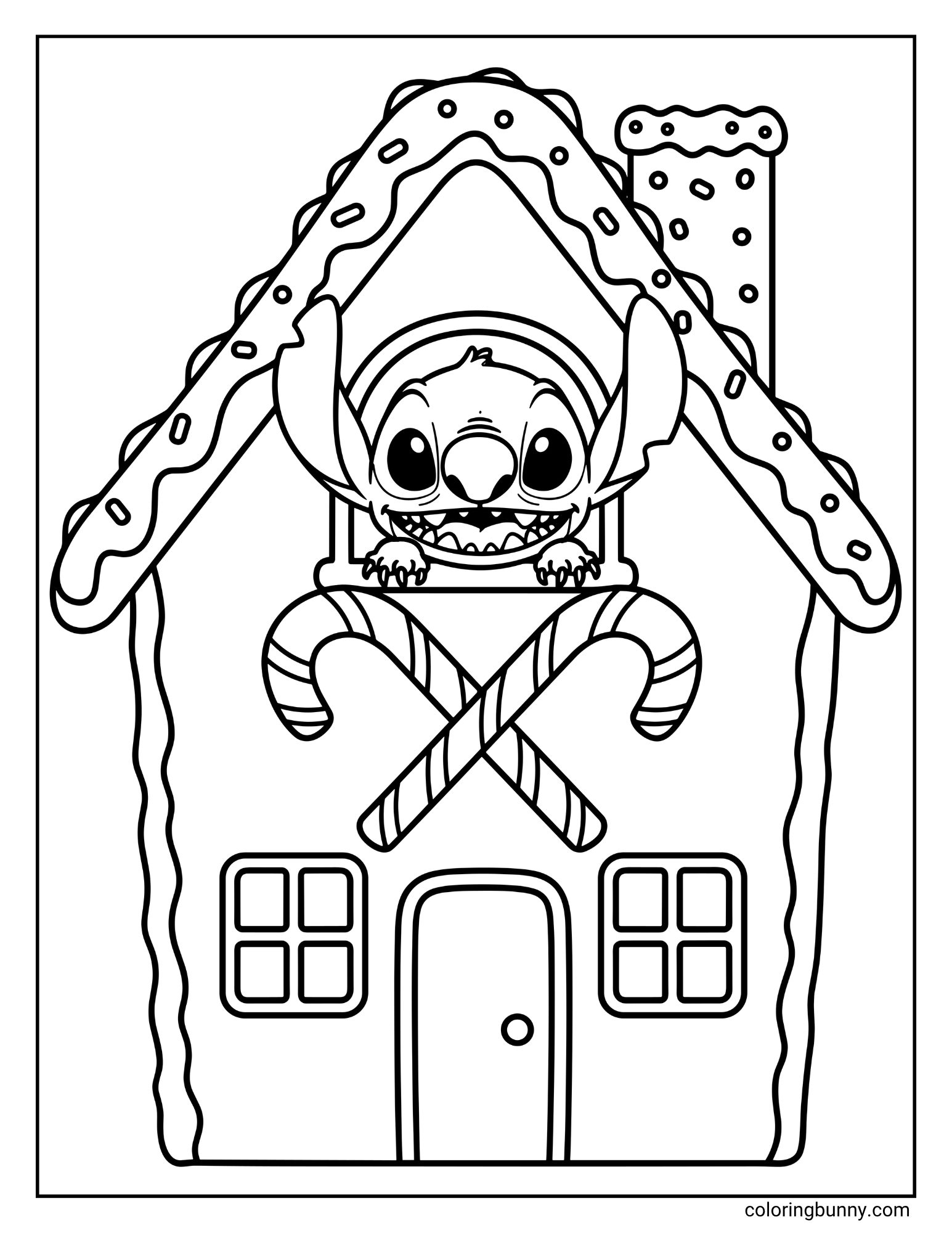 A coloring page featuring the character Stitch. He is peeking out of the top window of a gingerbread house, which is decorated with crossed candy canes.