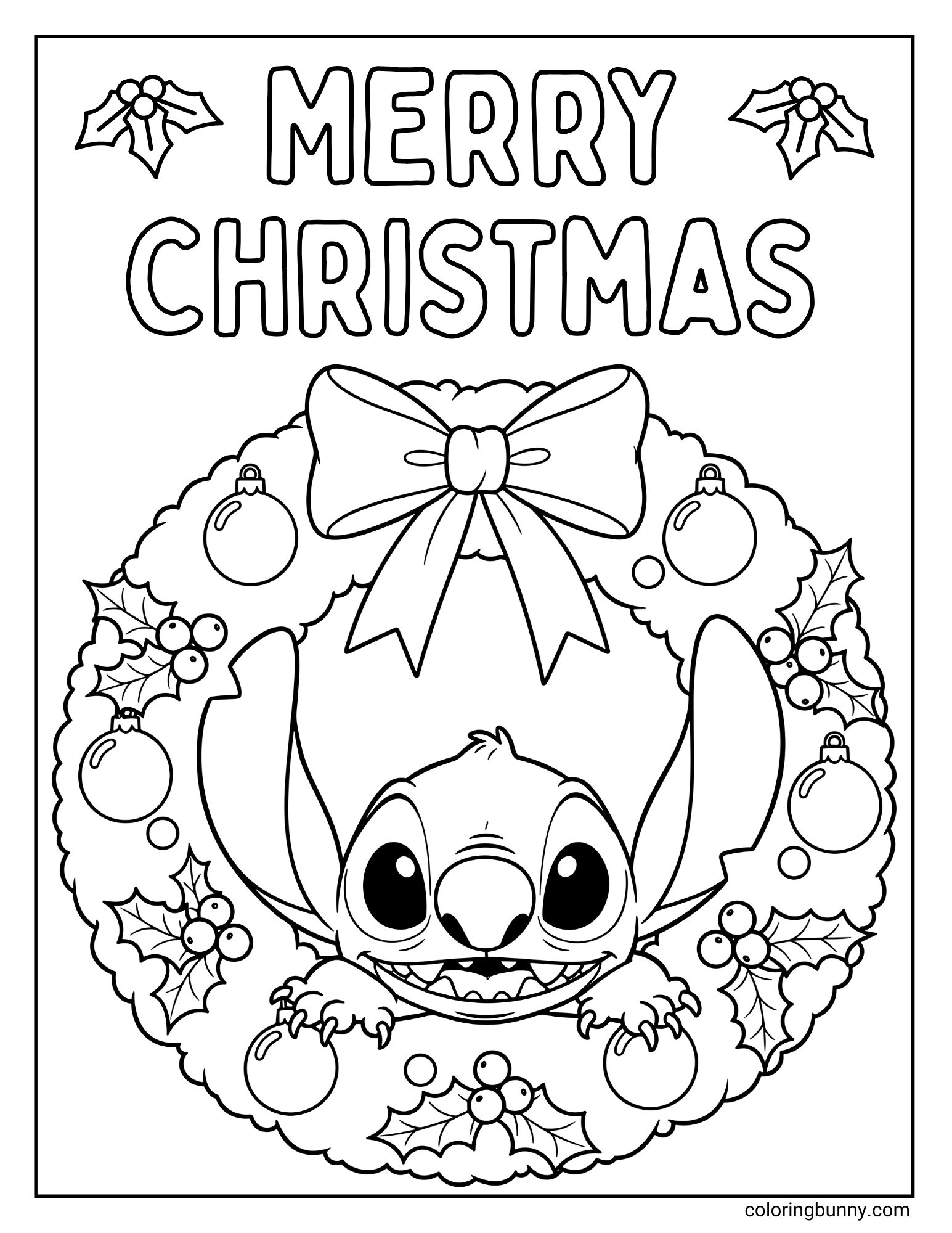 A black and white coloring page featuring the character Stitch smiling and peeking his head through the center of a large Christmas wreath. The wreath is decorated with a bow, ornaments, and holly.