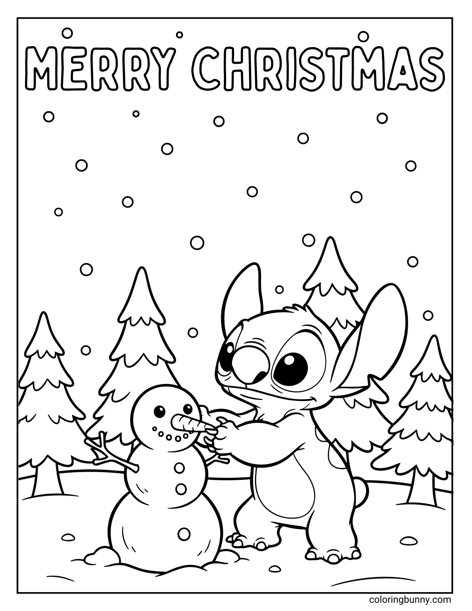 A black and white "MERRY CHRISTMAS" coloring page. The character Stitch is standing in the snow, building a snowman. He is placing a carrot nose on the snowman's face. The background shows a forest of pine trees and falling snow.