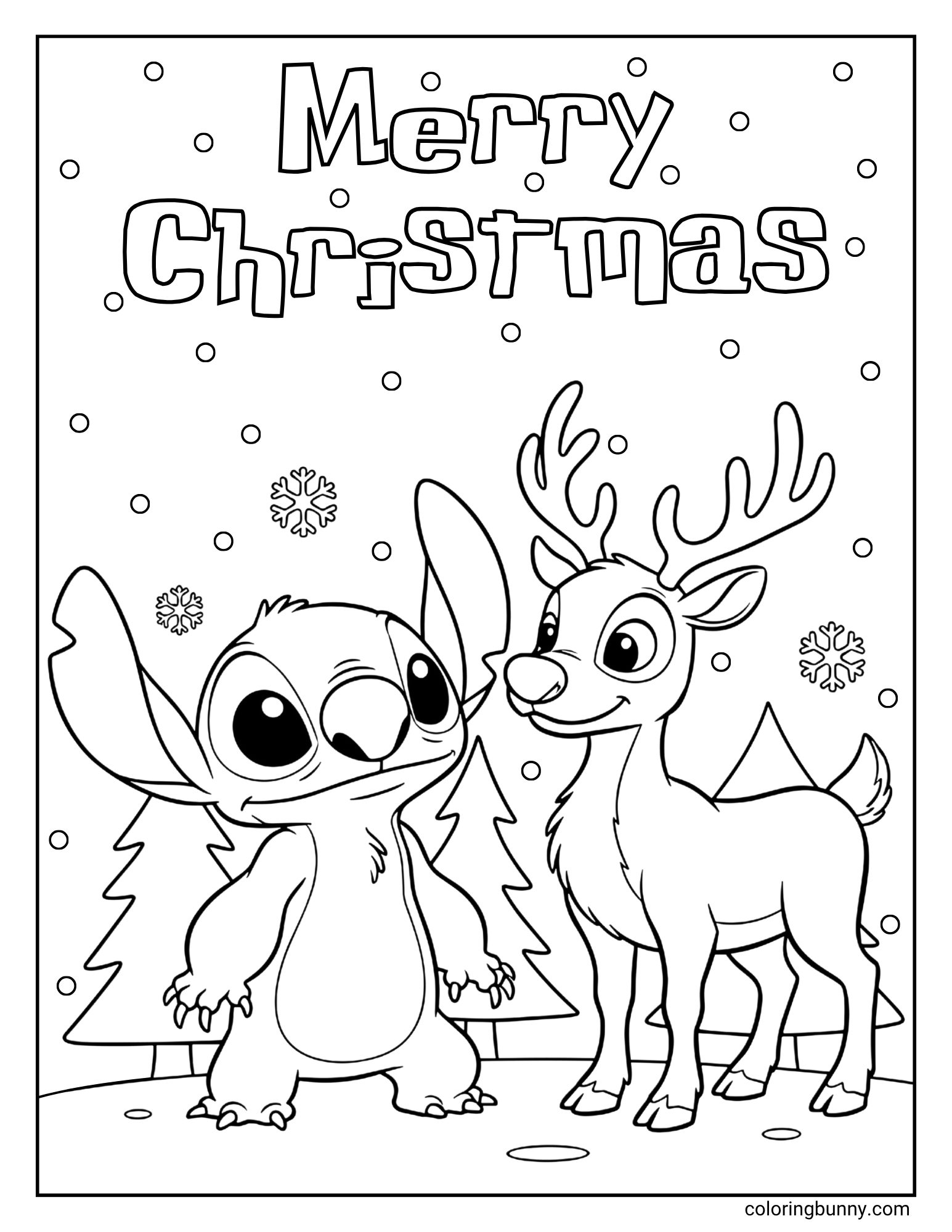 A coloring page featuring the character Stitch standing in a snowy landscape next to a reindeer. The background includes pine trees, falling snow, and snowflakes.