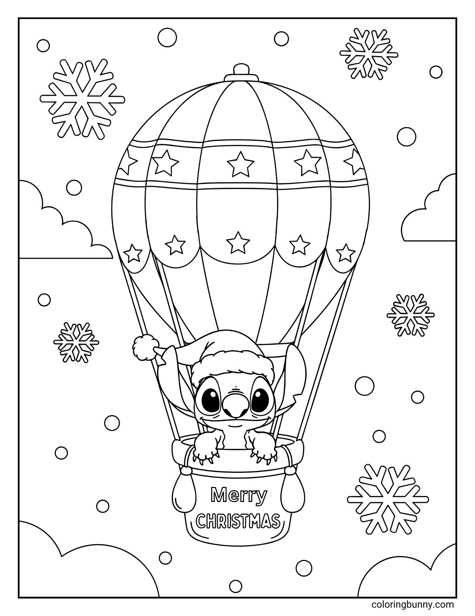 A black and white coloring page. The character Stitch, wearing a Santa hat, is riding in a hot air balloon. The balloon is decorated with stars, and the basket says "Merry CHRISTMAS". The background is a snowy sky with clouds and snowflakes.