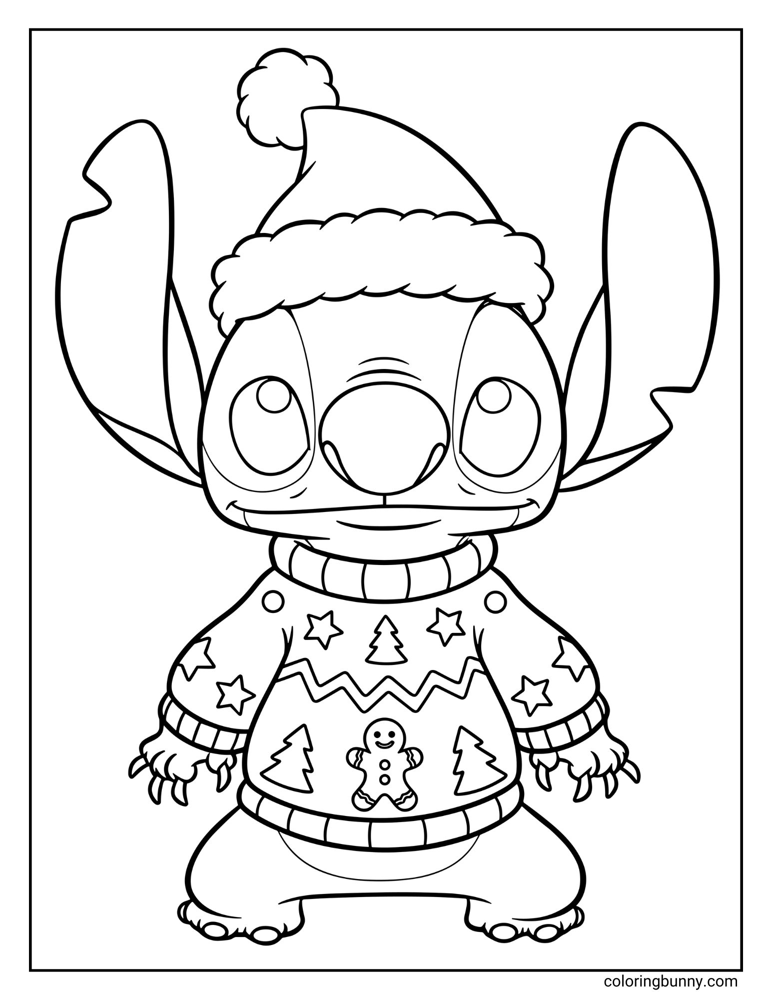 A black and white coloring page. The character Stitch is standing and wearing a Santa hat and a Christmas sweater. The sweater is decorated with gingerbread men, trees, and stars.