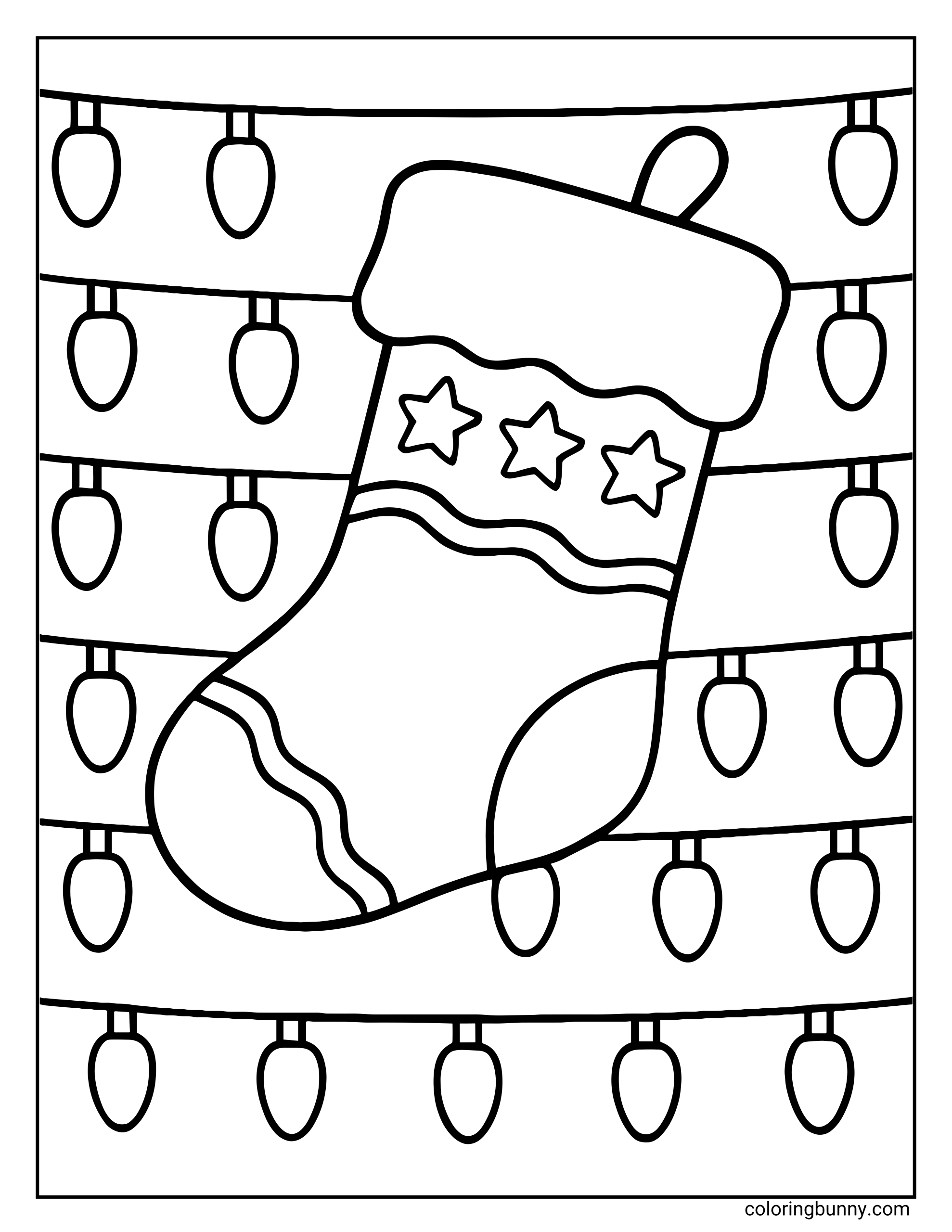 A coloring page featuring a Christmas stocking decorated with three stars and wavy lines. The background is filled with horizontal rows of large hanging light bulbs.