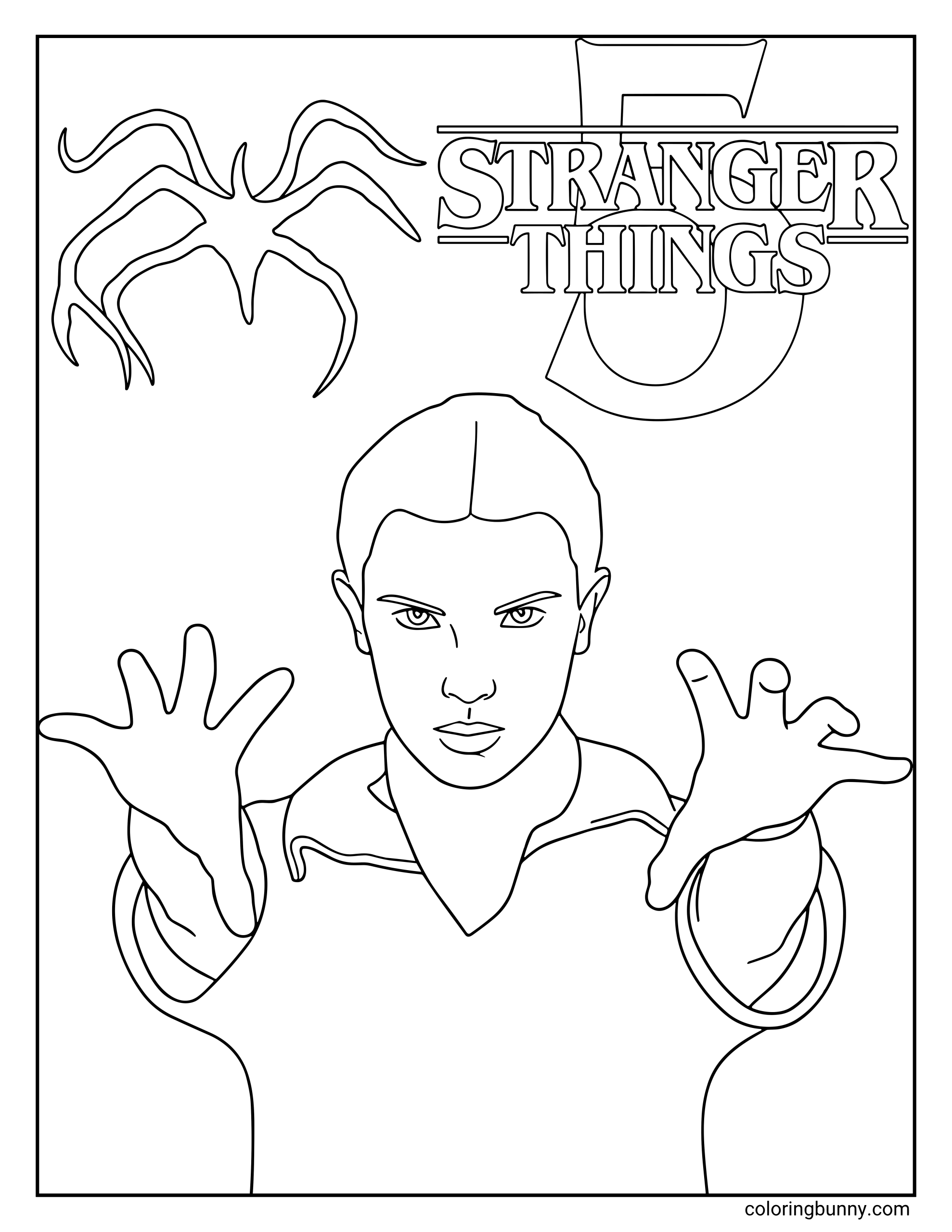A Stranger Things 5 coloring page featuring Eleven using her powers with both hands raised forward, the Stranger Things 5 logo above her, and an outline of the Mind Flayer in the corner.