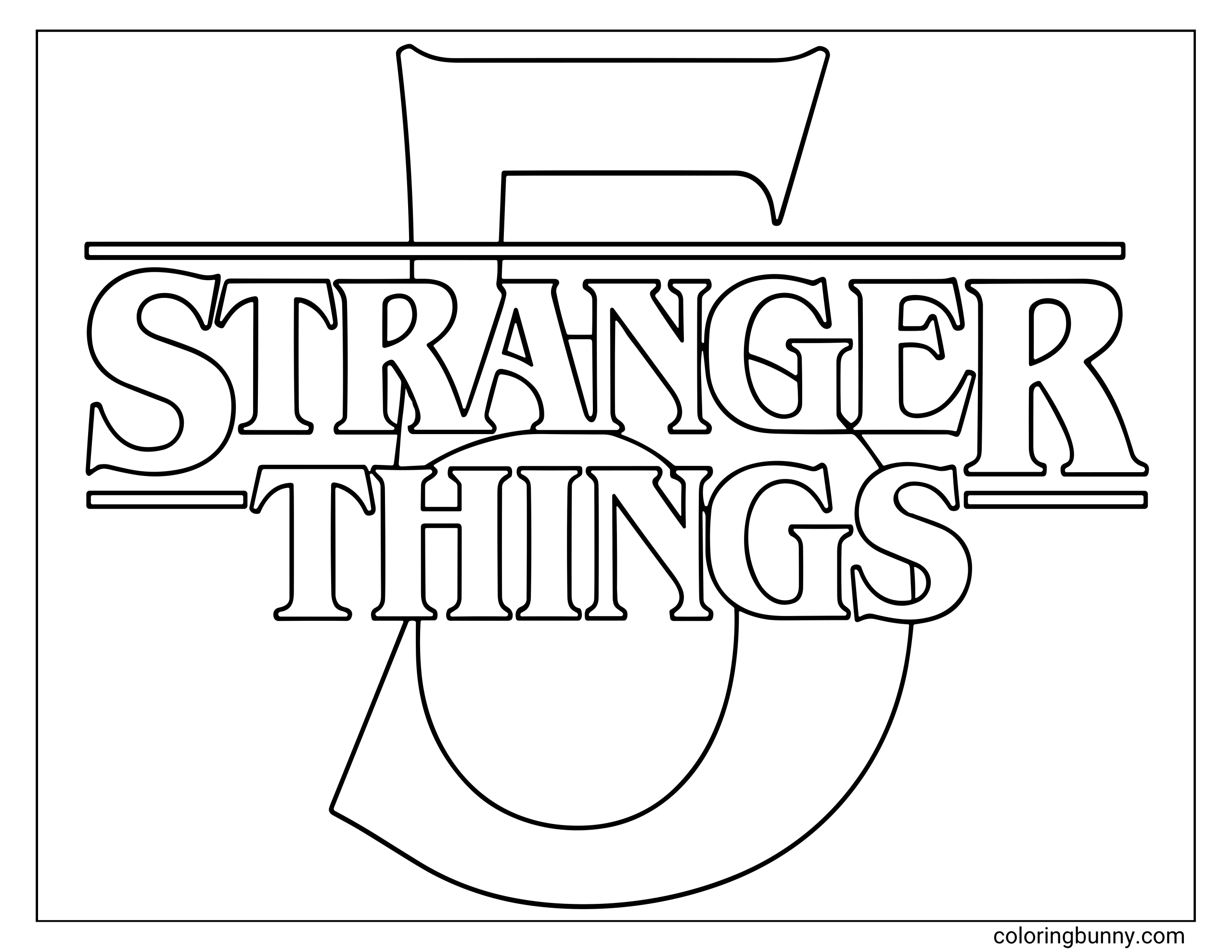 A Stranger Things 5 coloring page featuring the bold Stranger Things logo layered over a large number 5, ready to color.