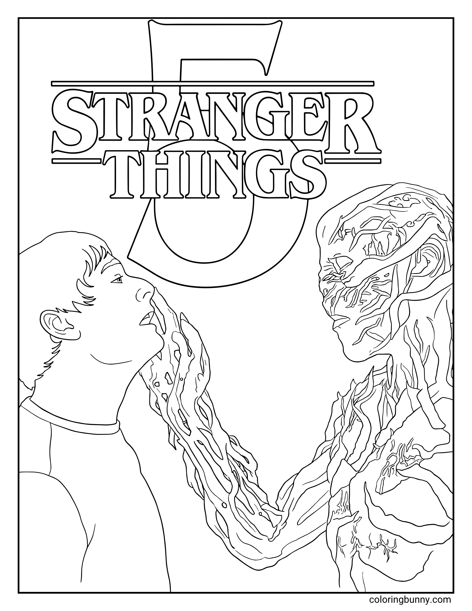 A Stranger Things 5 coloring page showing Will facing Vecna up close, with Vecna’s twisted, vine-like hand reaching toward Will’s face. The large “Stranger Things 5” logo appears above them.