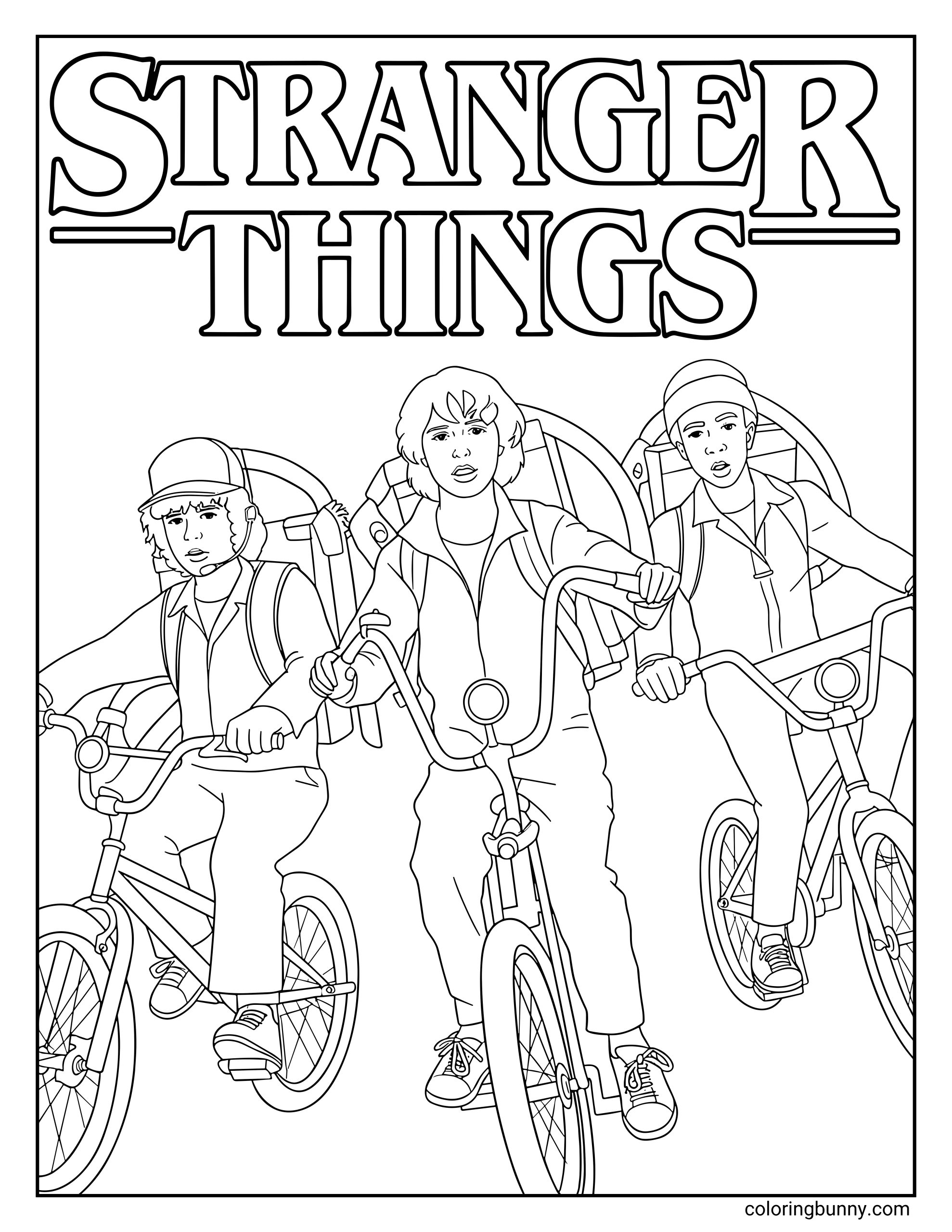 A Stranger Things coloring page of Dustin, Mike, and Lucas riding their bikes beneath the Stranger Things logo, each wearing backpacks and looking determined.