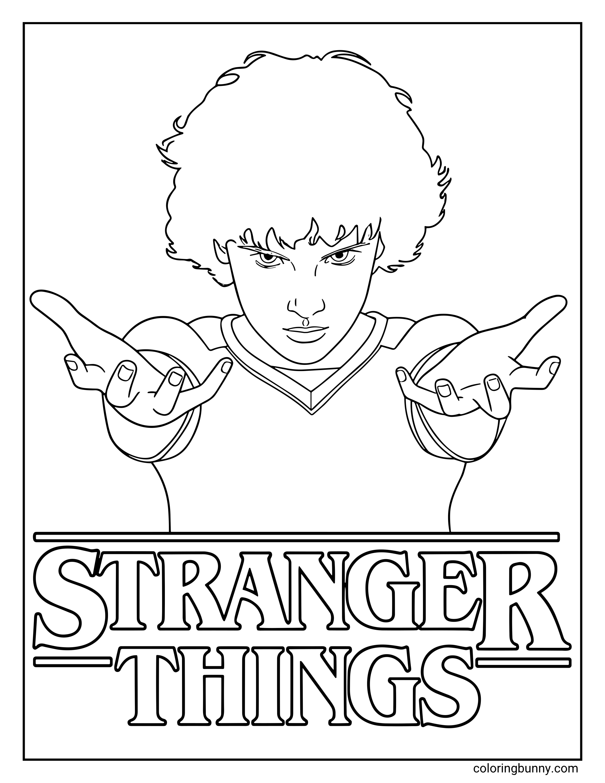 A Stranger Things coloring page of Eleven, holding her hands forward in a powerful pose above the Stranger Things logo.