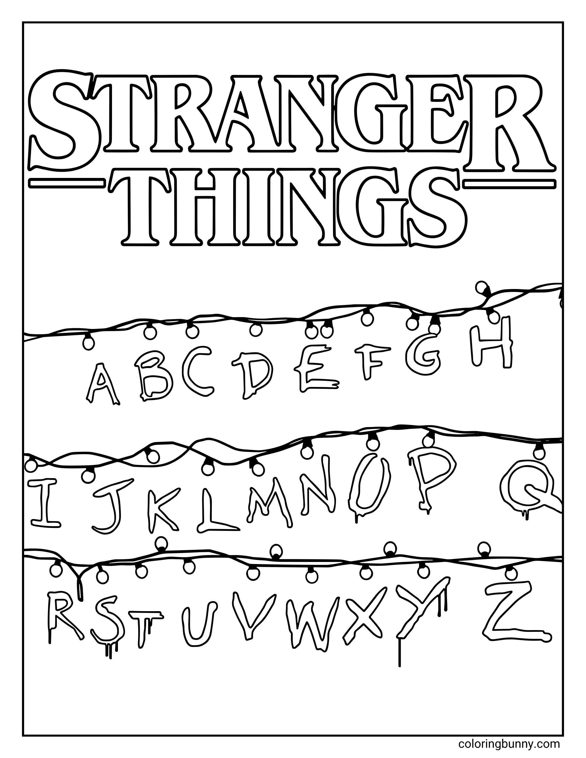 A Stranger Things coloring page featuring the iconic Christmas lights and alphabet wall from Joyce’s house, with the full A–Z letters hanging beneath glowing bulbs and the Stranger Things logo at the top.