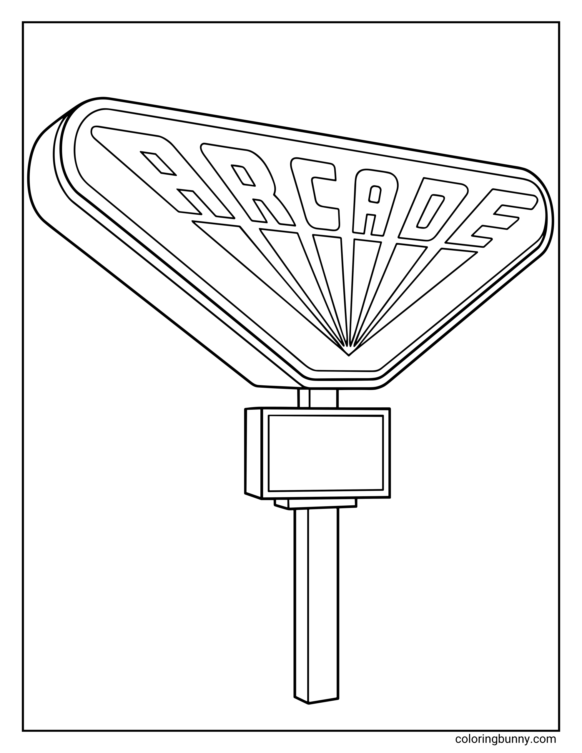 A Stranger Things coloring page featuring the iconic Palace Arcade sign on a tall post, drawn in a bold retro style.