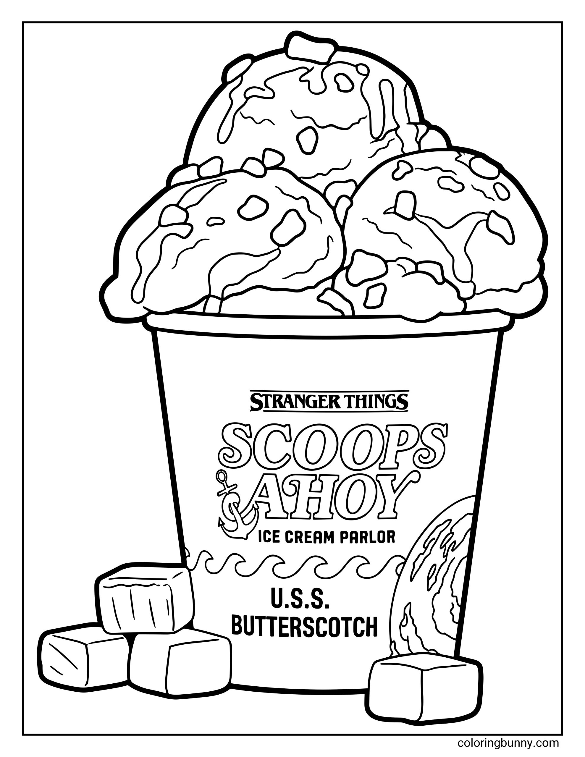 A Stranger Things coloring page of a large Scoops Ahoy ice cream cup labeled “U.S.S. Butterscotch,” filled with multiple scoops of ice cream and surrounded by ice cubes.