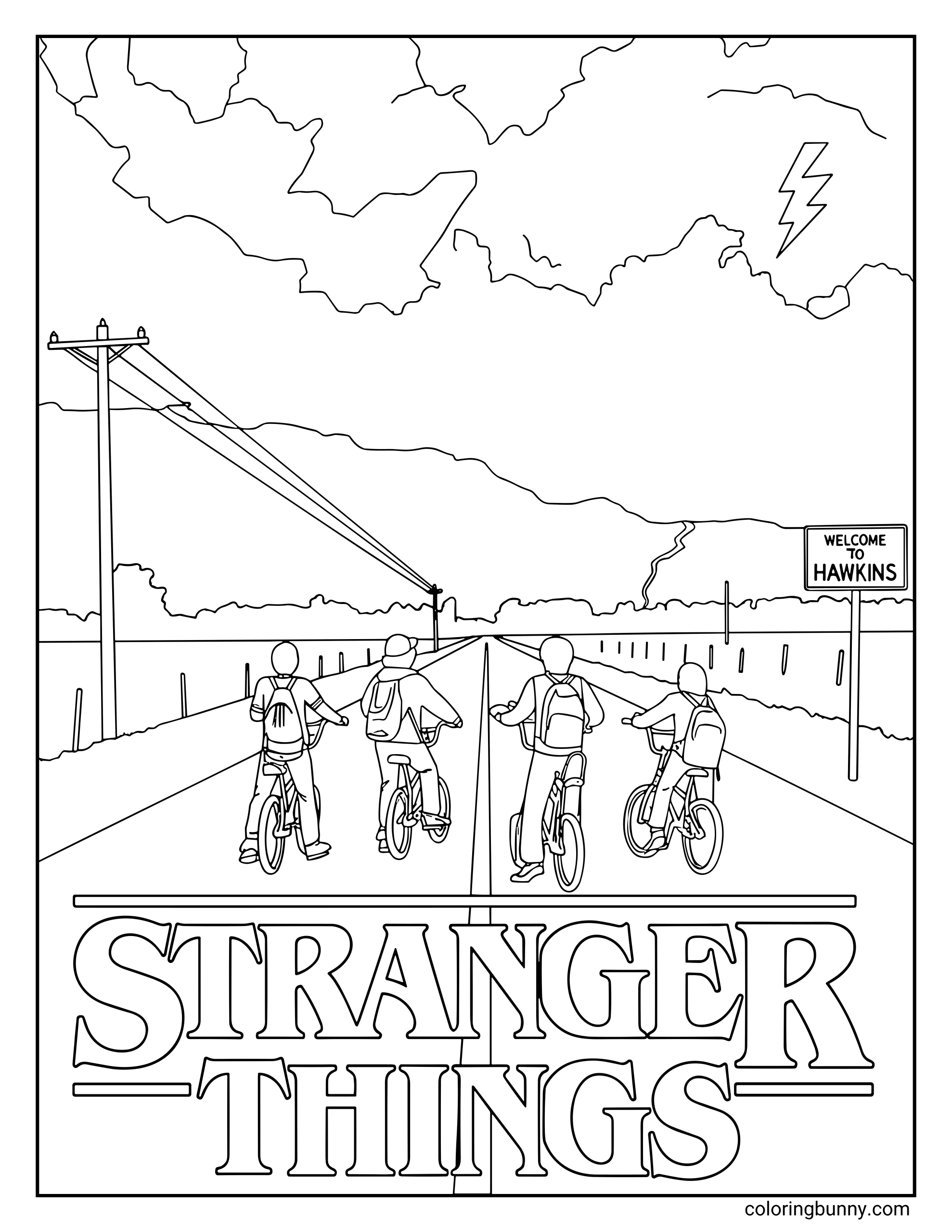 A Stranger Things coloring page featuring the four Hawkins kids riding their bikes down a long road toward town, with a “Welcome to Hawkins” sign on the right, storm clouds overhead, and the Stranger Things logo at the bottom.