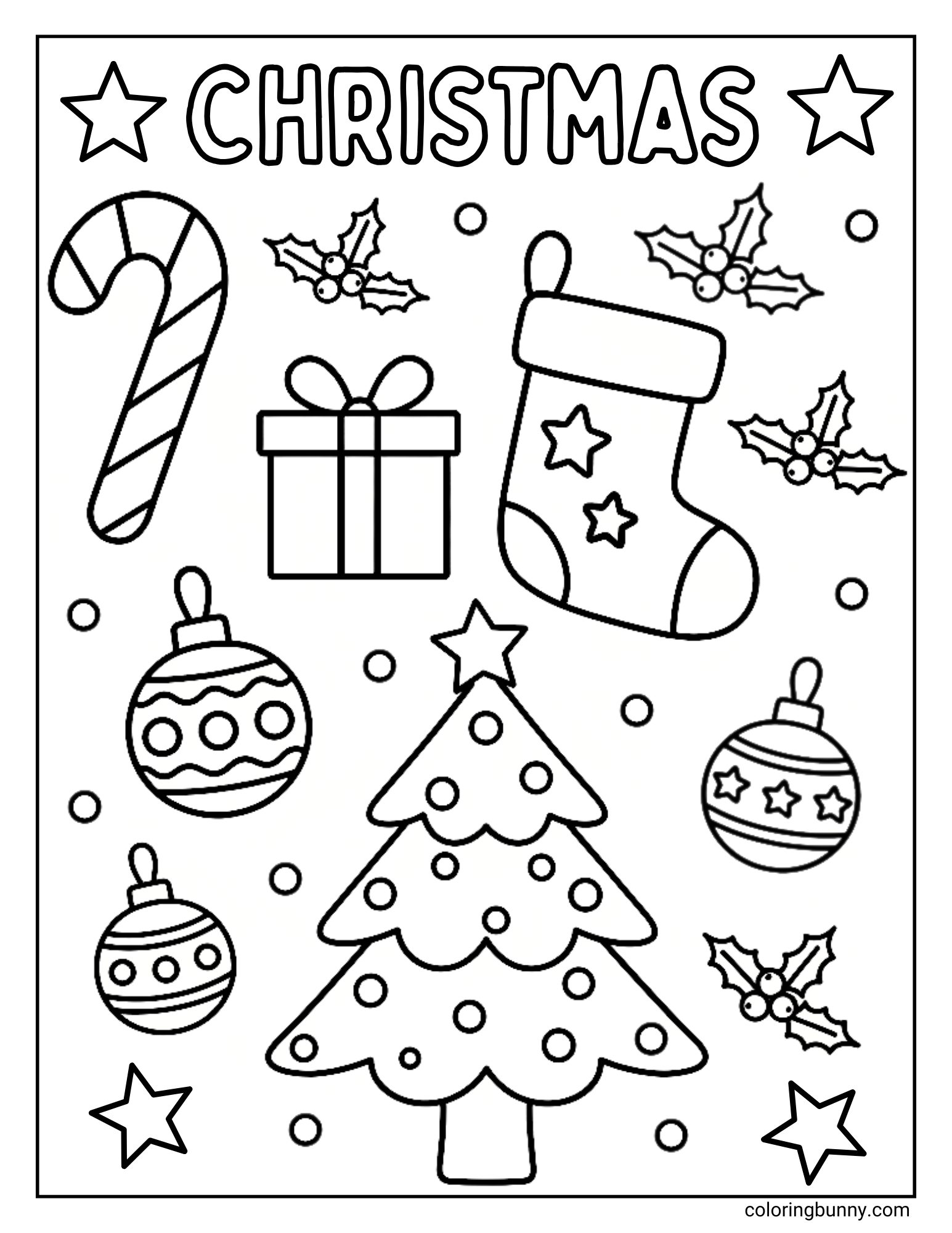 A black and white coloring page with the word "CHRISTMAS" at the top. The page is filled with festive doodles, including a Christmas tree, a stocking, a present, a candy cane, ornaments, and holly, on a snowy background.