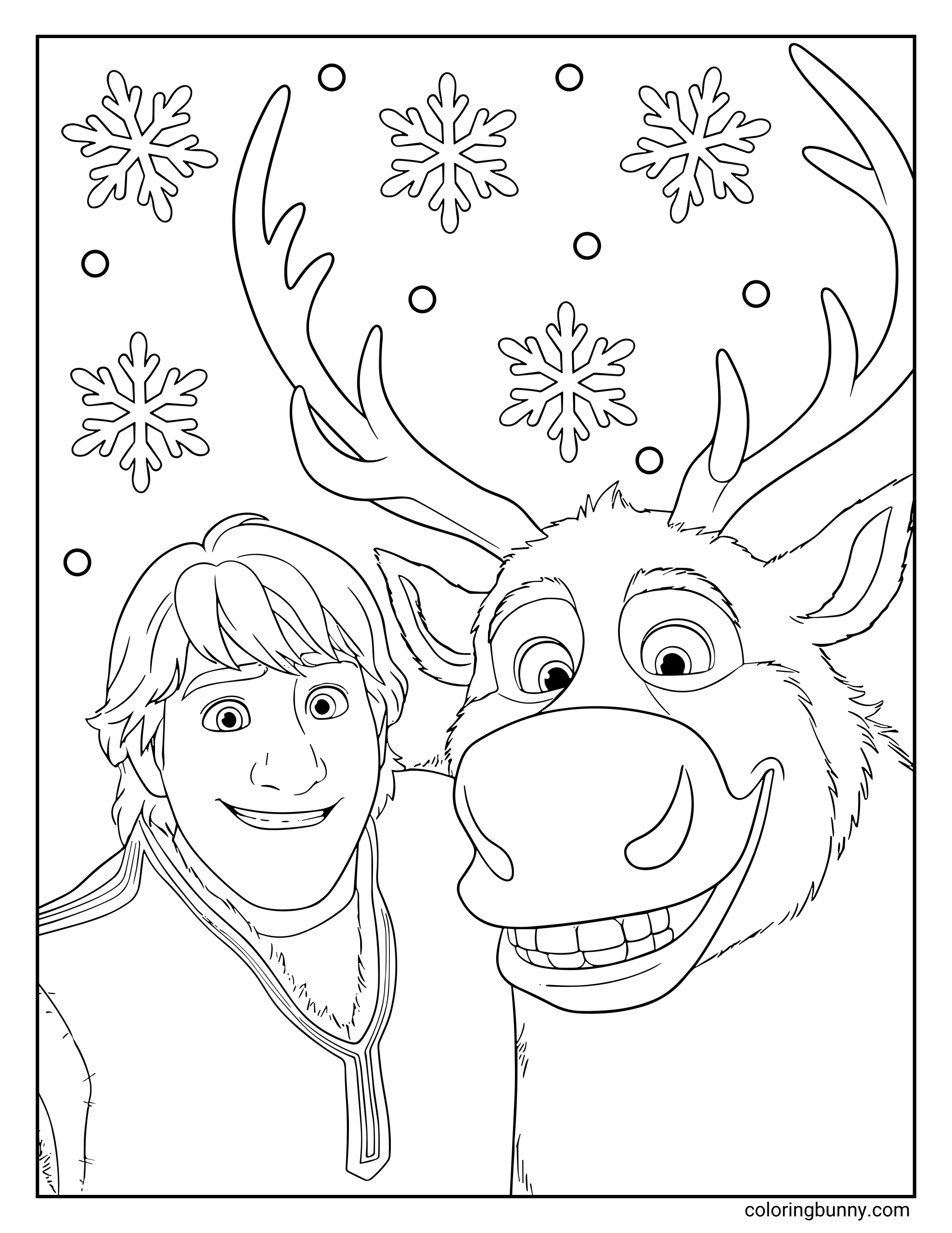 A Frozen coloring page featuring Kristoff smiling beside Sven the reindeer. Sven is front and center with his large antlers and friendly grin, while Kristoff stands close behind him. Snowflakes and small snow dots fill the background.
