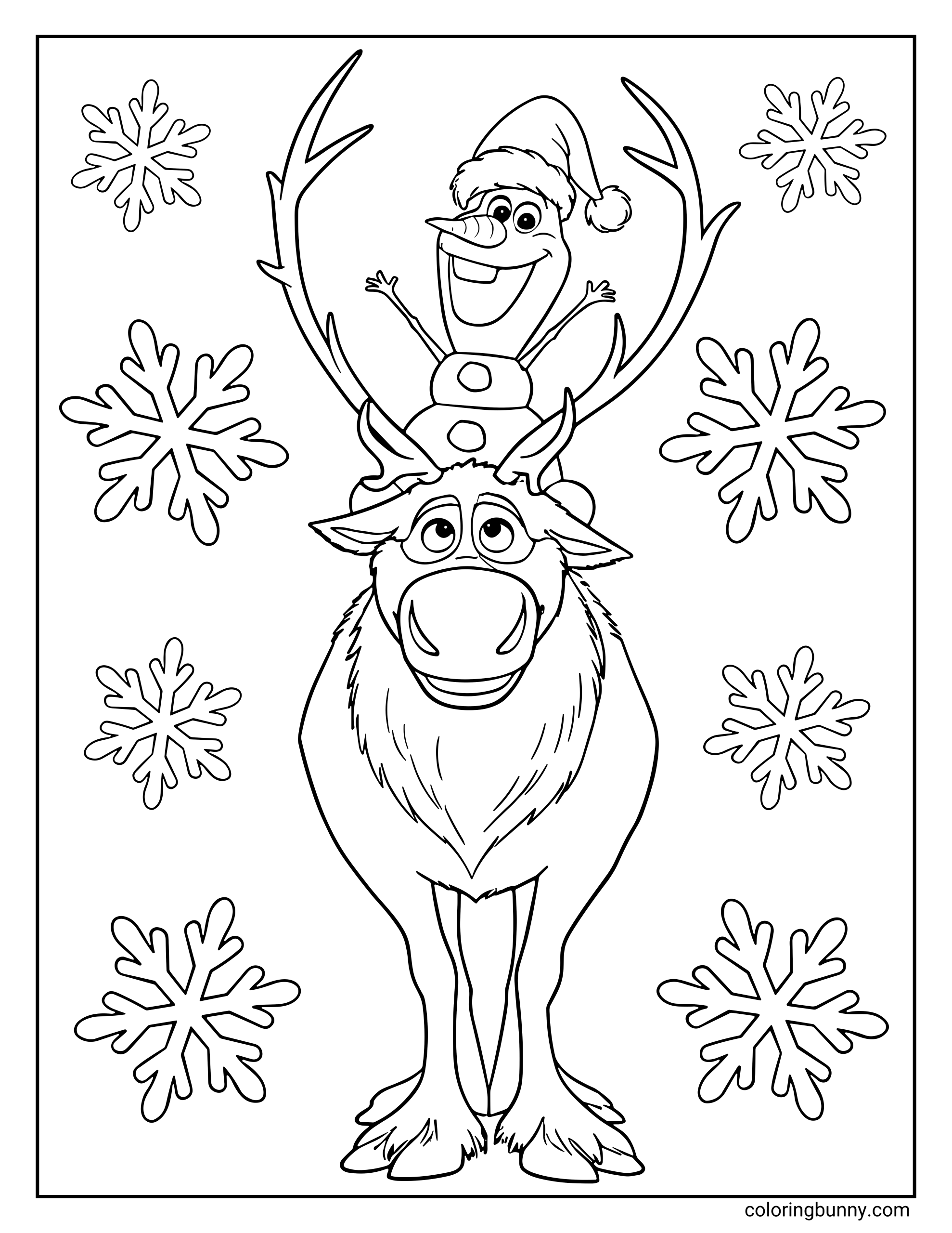 A Frozen coloring page of Sven standing tall in the center while Olaf sits playfully between his antlers, wearing a Santa hat. Big snowflakes surround them, giving the page a festive winter feel.