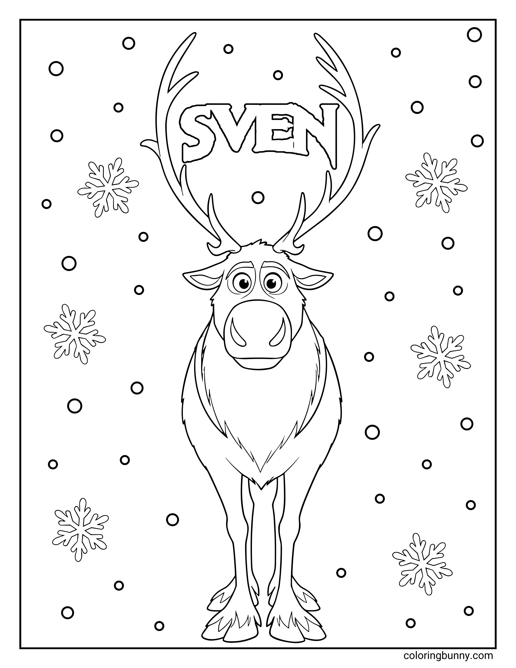 A Frozen coloring page featuring Sven standing front and center with his big antlers framing his name “SVEN” at the top. Snowflakes and small circles fill the background around him.