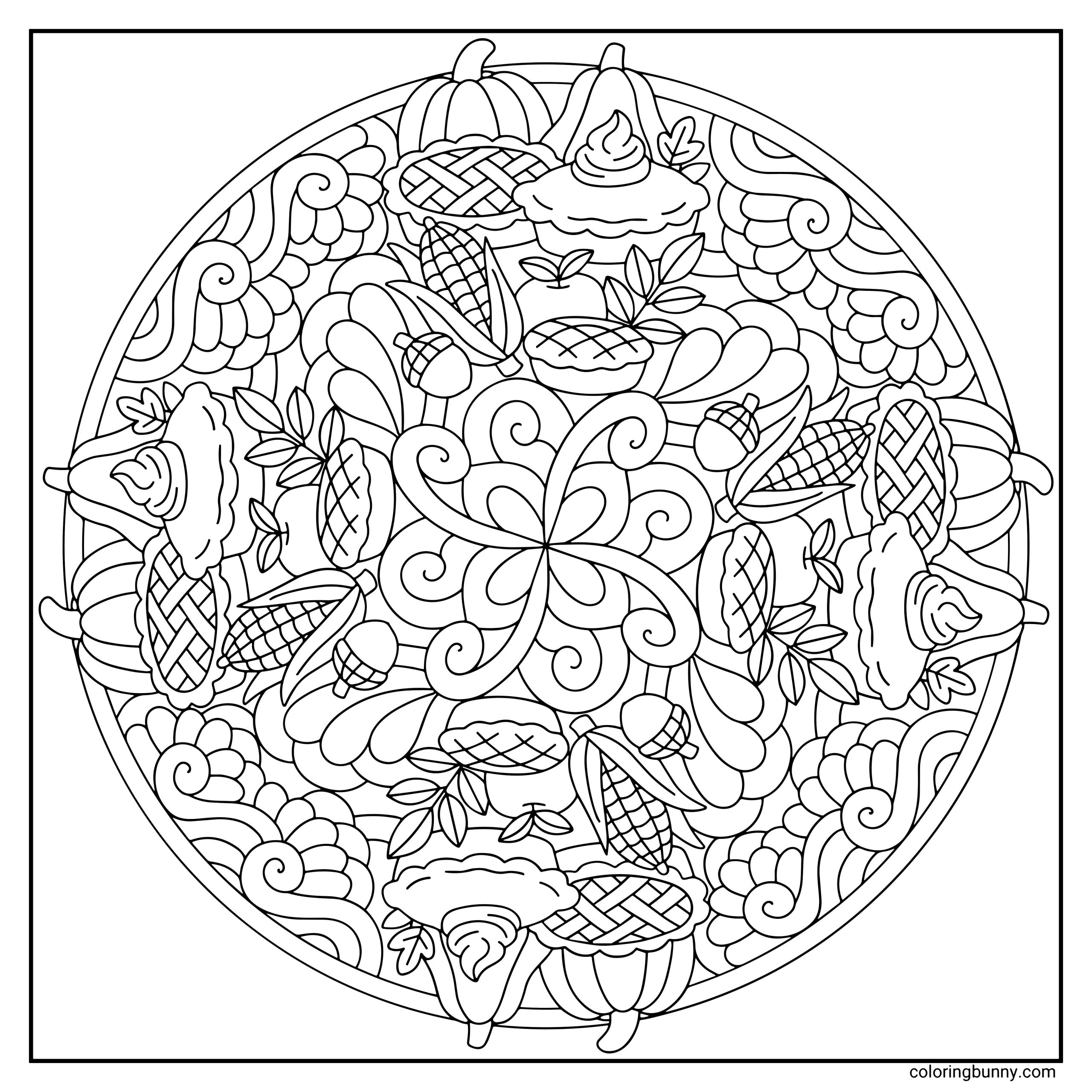 A detailed Thanksgiving foods mandala coloring page featuring swirling patterns with pumpkins, pies, corn, apples and acorns. Floral shapes radiate from the center in a symmetrical circular pattern.