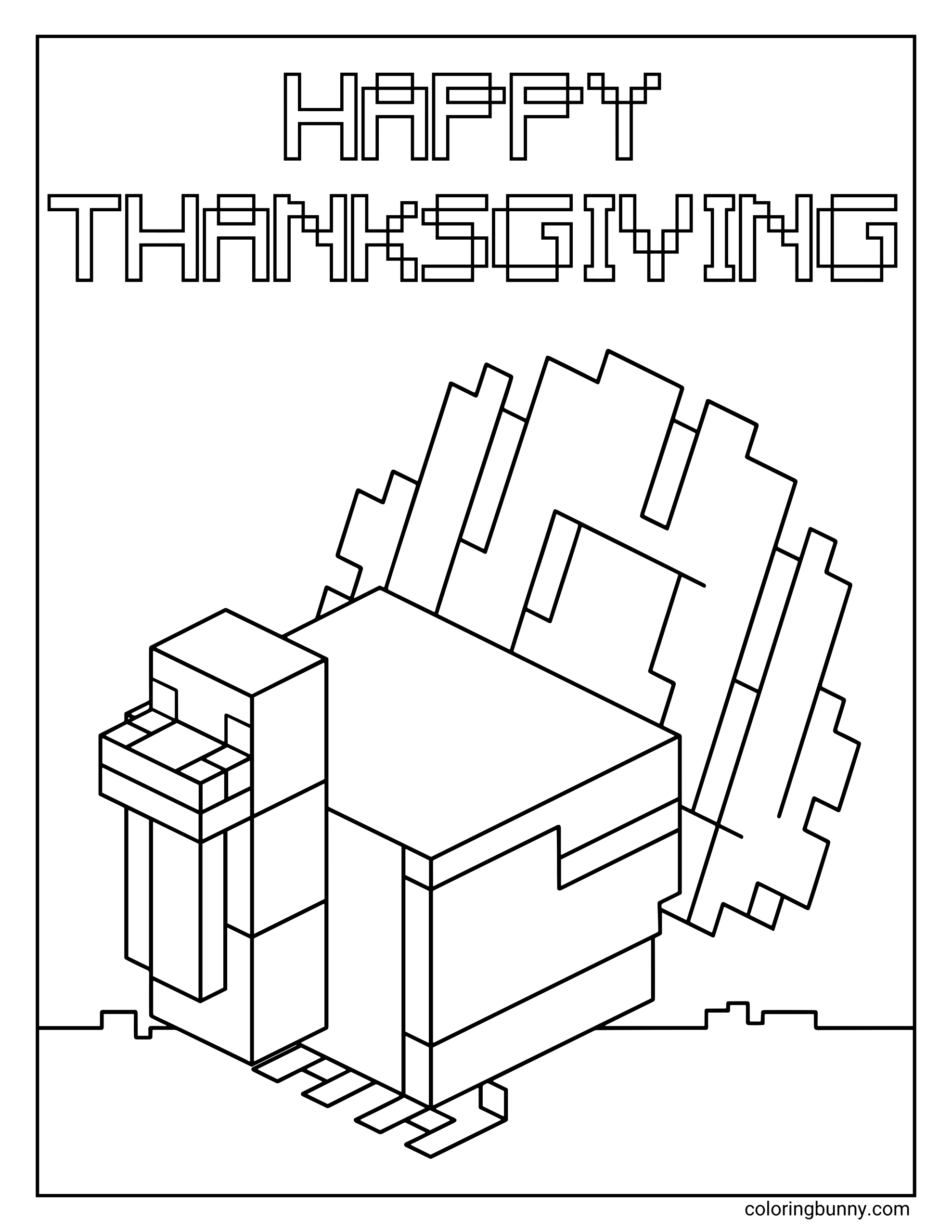 A Minecraft Thanksgiving coloring page featuring a pixel-style turkey with blocky feathers and the words “Happy Thanksgiving” written above in Minecraft font.