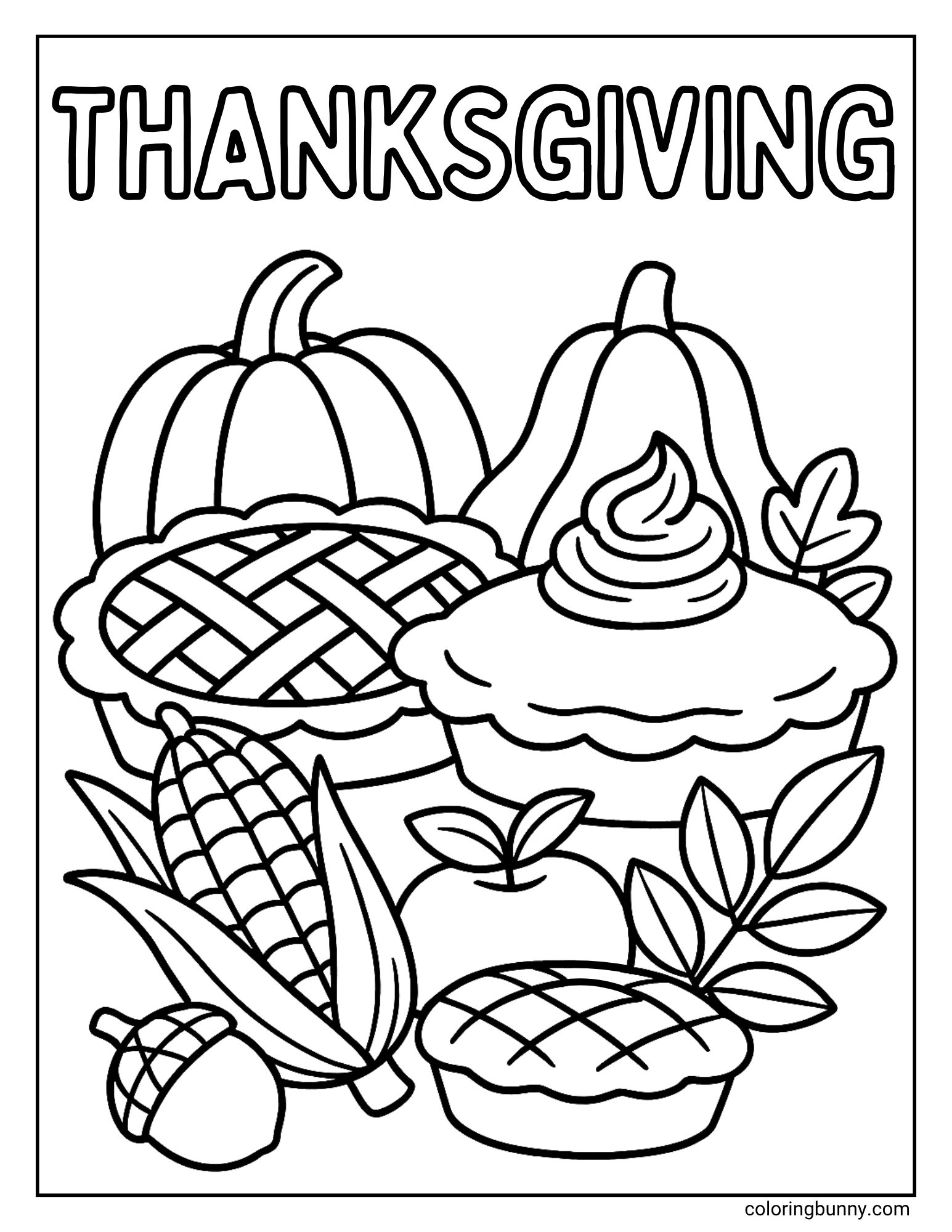 A detailed coloring sheet featuring the word "THANKSGIVING" in large letters above a bountiful harvest collection. The scene includes a pumpkin, a gourd, two different pies, corn, an apple, and an acorn.