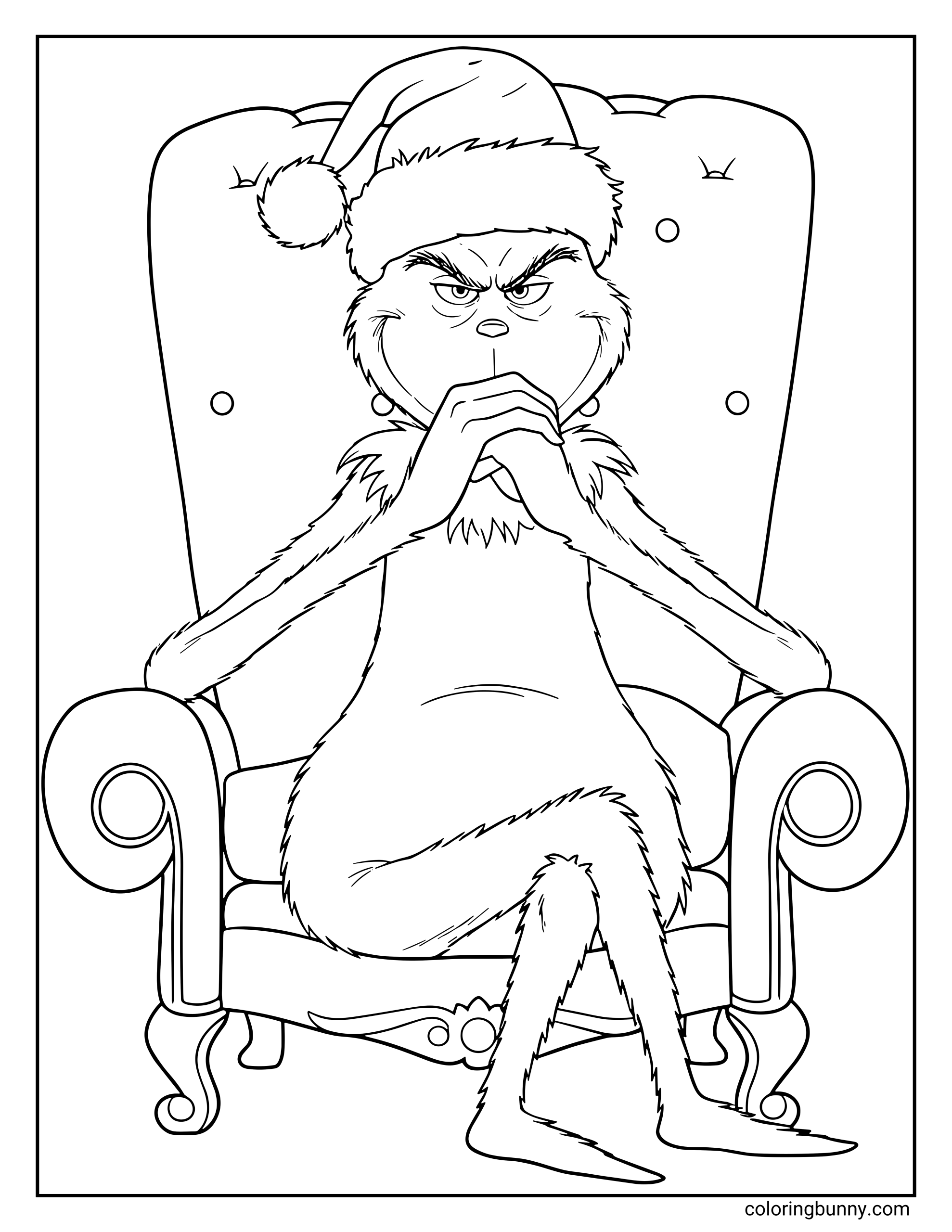 A Grinch coloring page showing the Grinch in a Santa hat sitting in a large armchair with his fingers steepled and a plotting, mischievous expression.