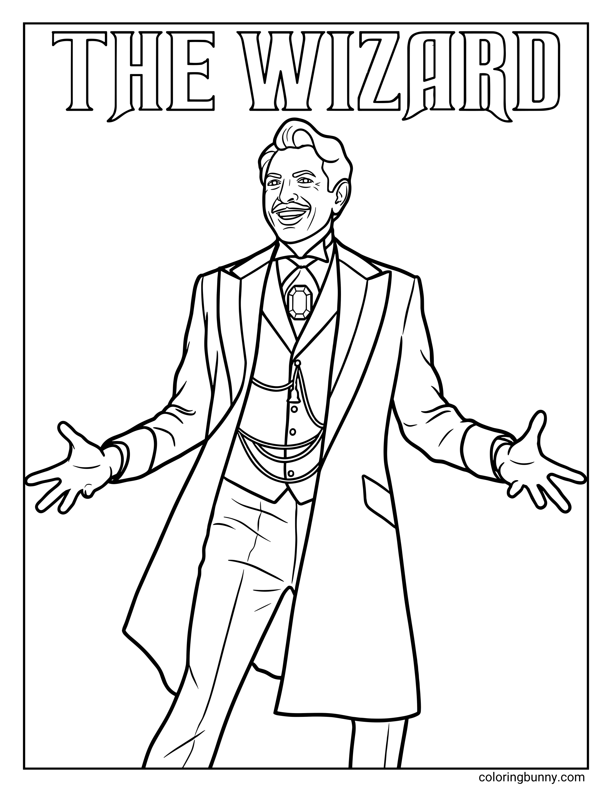 A Wicked For Good coloring page featuring the charismatic wizard in a long coat, vest, and tie, standing with open arms beneath the bold title “THE WIZARD.” He has neatly styled hair, a mustache, and a confident, theatrical pose.