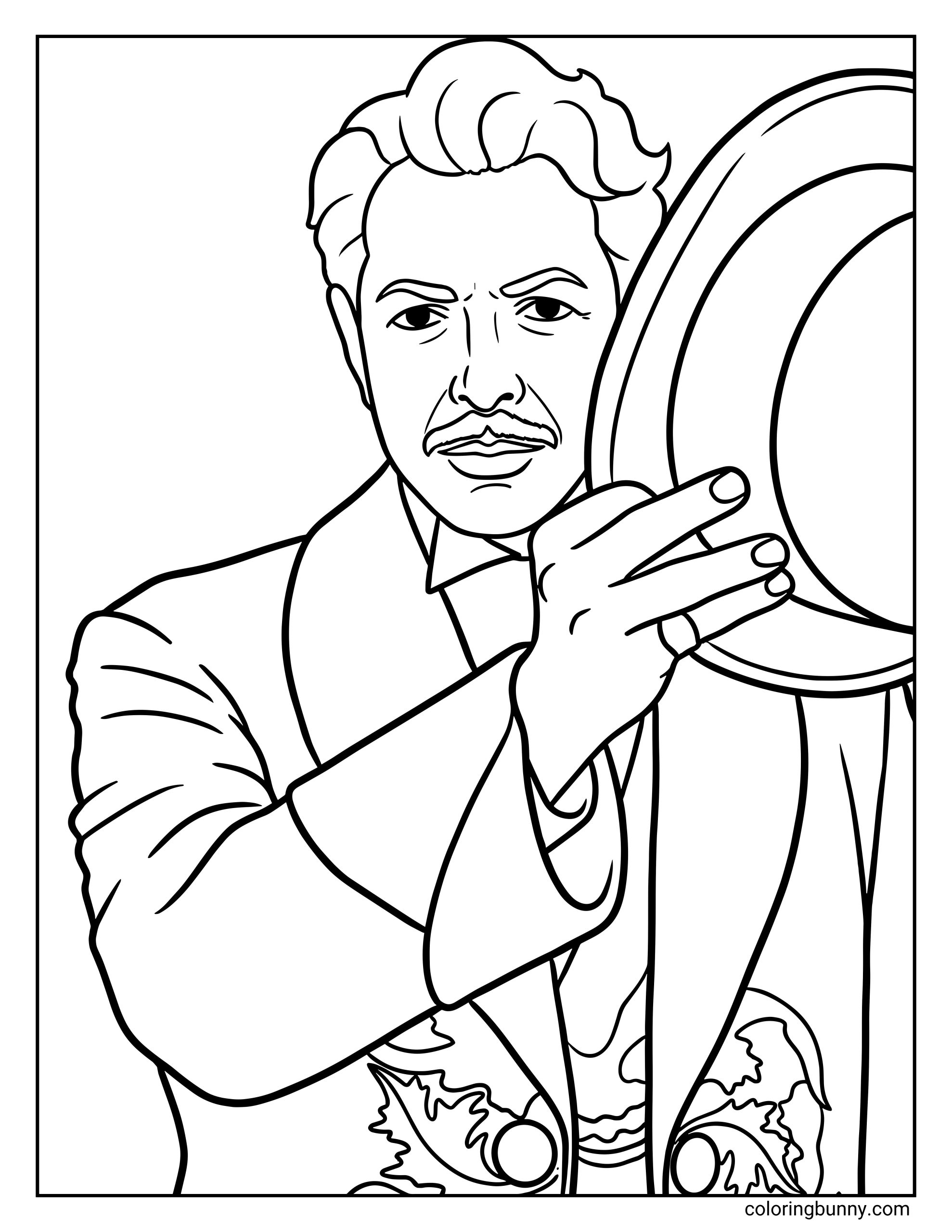 A Wicked For Good coloring page showing a dramatic wizard lifting his hat with one hand. He wears a decorated suit jacket with ornate patterns and has a confident, theatrical expression.