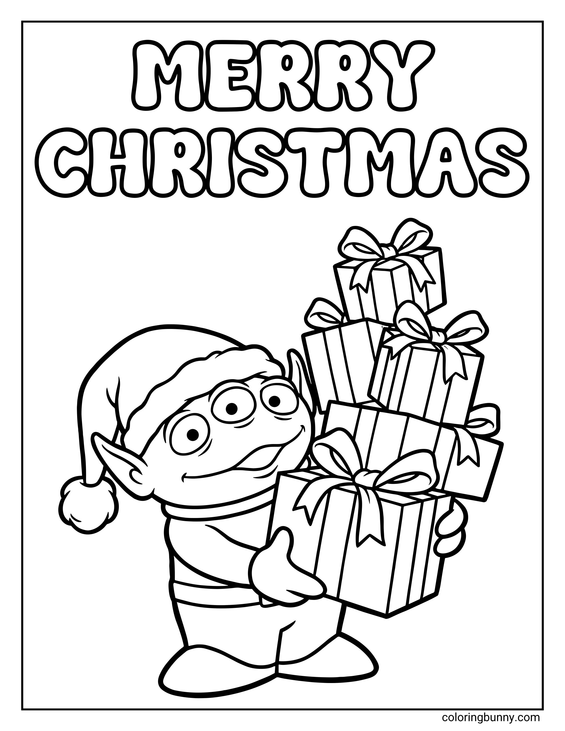 A Toy Story Disney Christmas coloring page of a small three-eyed alien wearing a Santa hat and holding a tall, wobbly stack of wrapped presents. The words “Merry Christmas” appear above him in large festive letters.
