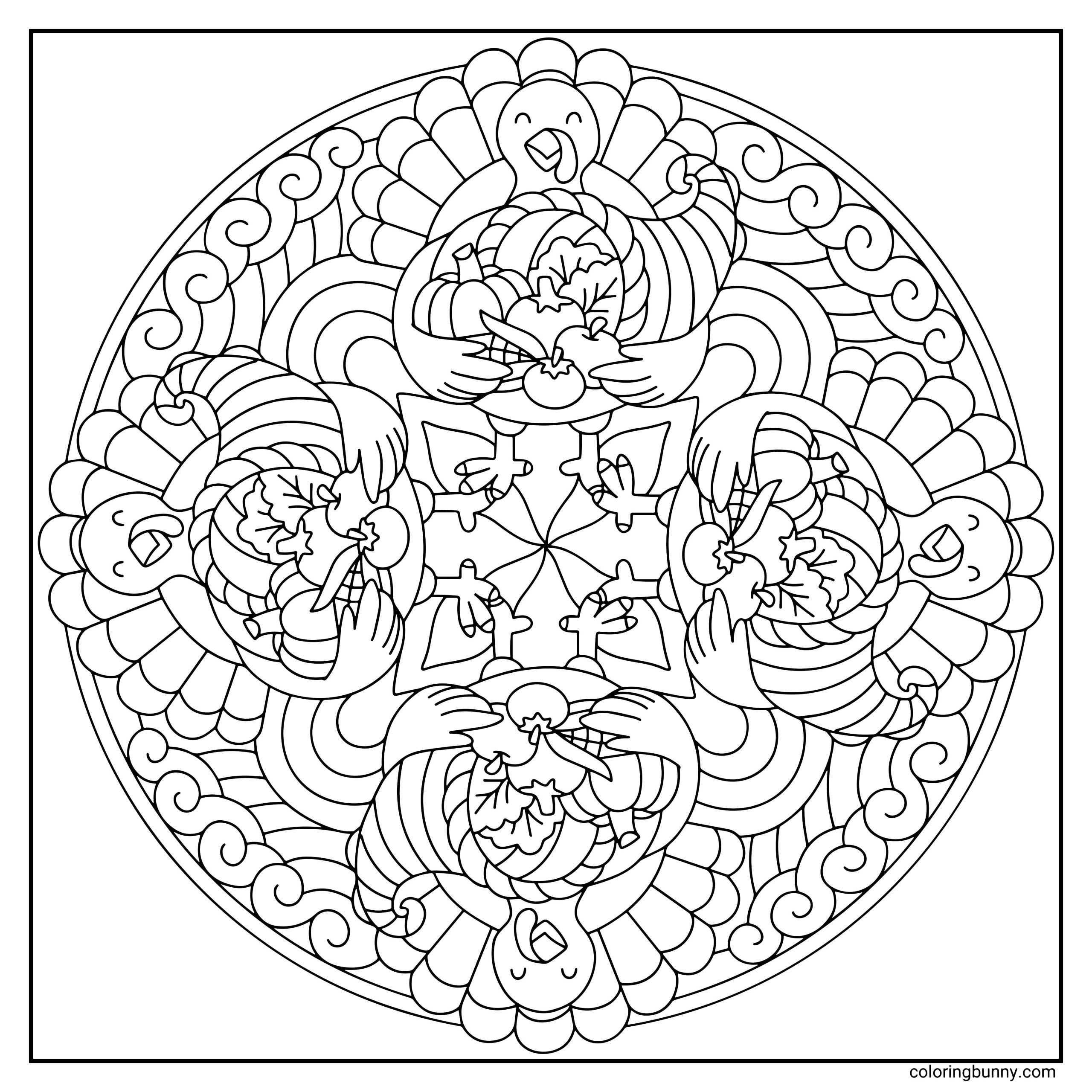 A Thanksgiving mandala featuring four smiling turkeys arranged in a circular pattern. Each turkey holds a small cornucopia filled with pumpkins, leaves, and harvest produce. The background includes swirling lines, feathers, and decorative curves forming a detailed symmetrical design.