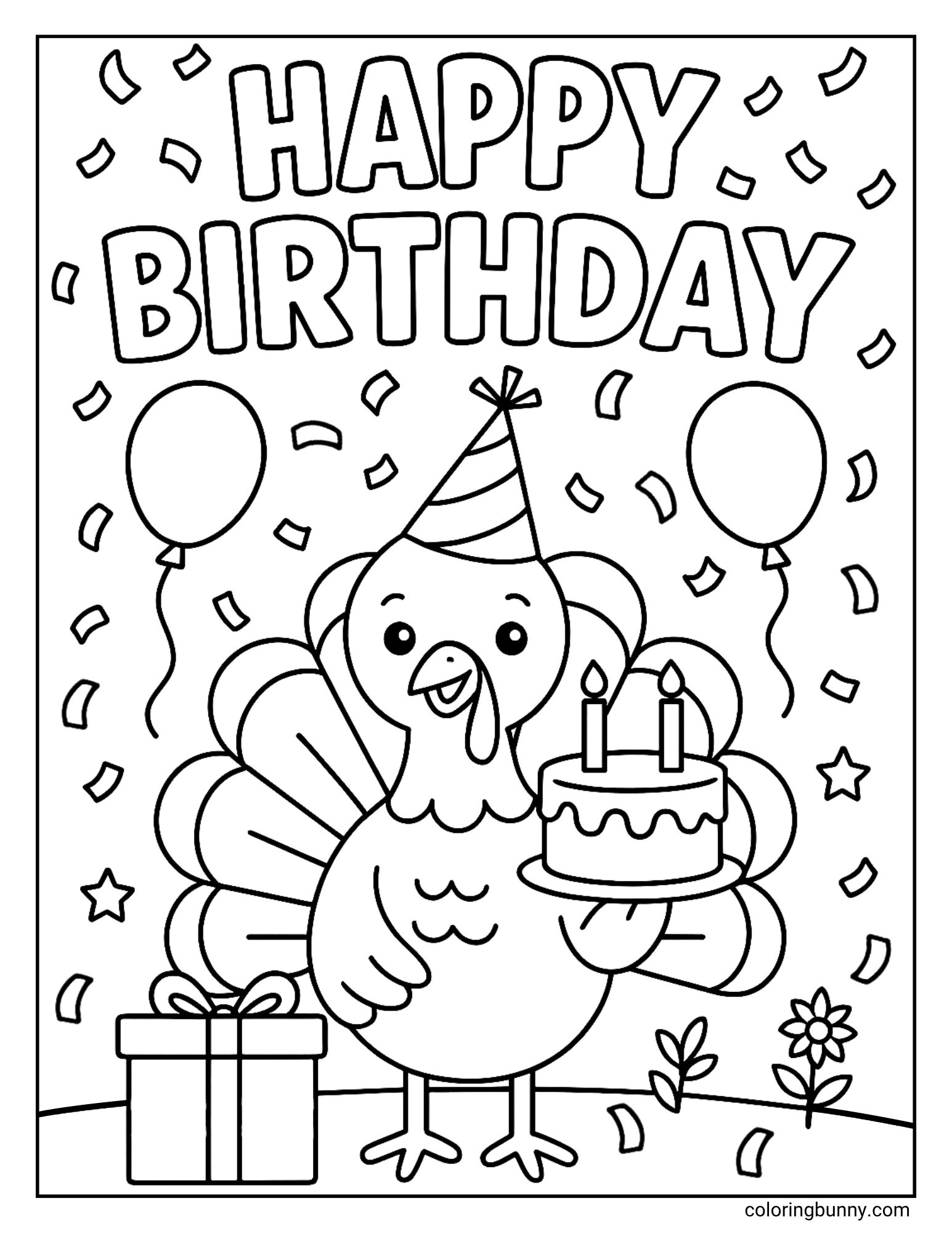 A black and white coloring page with the text "HAPPY BIRTHDAY" at the top. The image features a turkey wearing a party hat, holding a birthday cake with two candles. The background includes confetti, balloons, and a present.