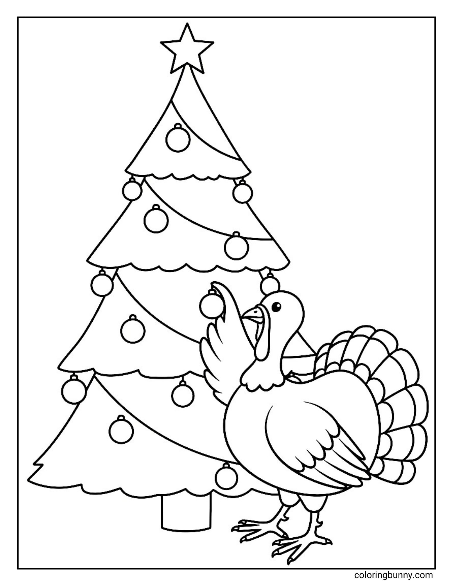 A black and white coloring page featuring a large turkey standing next to a decorated Christmas tree. The turkey is reaching up with one wing to touch an ornament on the tree.
