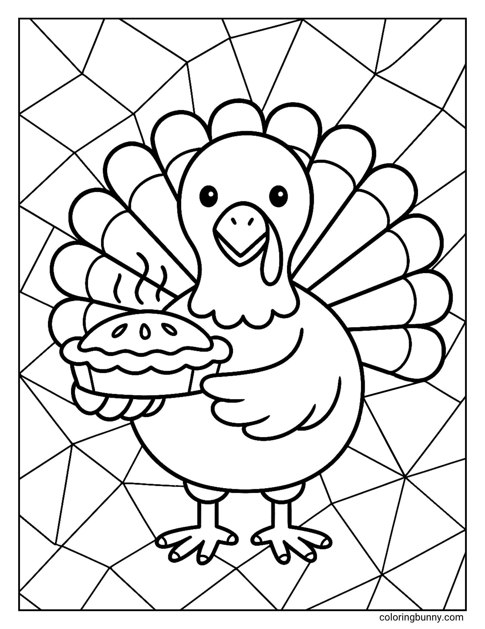 A coloring printable depicting a cartoon turkey standing up and holding a small, steaming pie. The bird has fanned tail feathers and is set against a background of irregular geometric shapes.