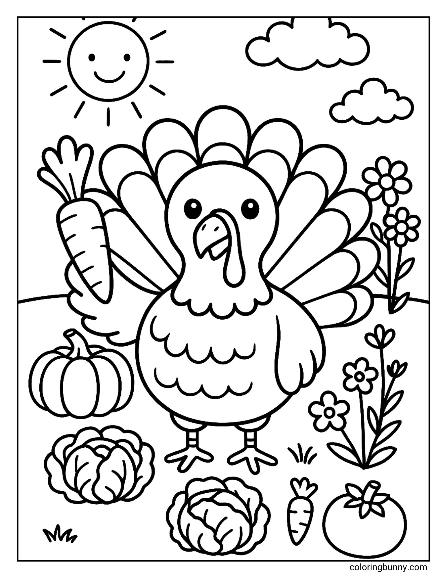 A turkey coloring page featuring a cute turkey standing in a vegetable garden. The turkey is holding a large carrot, and the scene includes a pumpkin, cabbages, a tomato, flowers, and a smiling sun.
