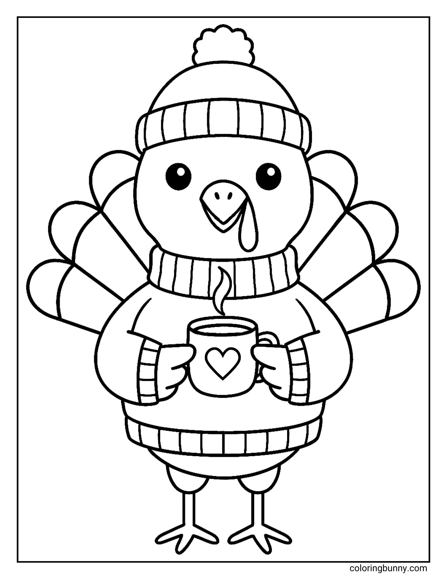 A black and white coloring page featuring a cute turkey. The turkey is wearing a knit hat and a sweater, and is holding a steaming mug of hot cocoa with a heart on it.