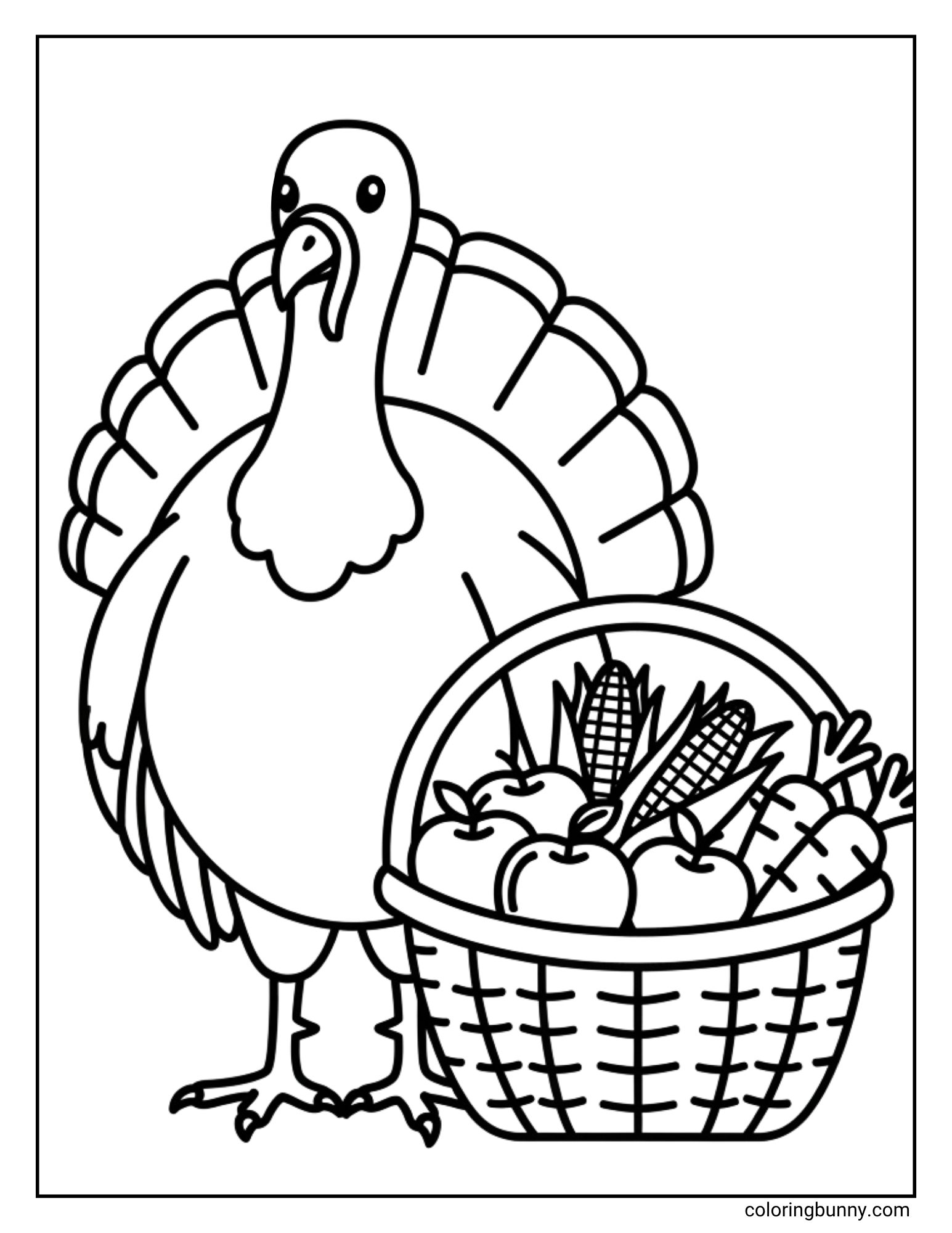 A black and white coloring page featuring a turkey standing next to a harvest basket. The basket is filled with apples, carrots, and corn.
