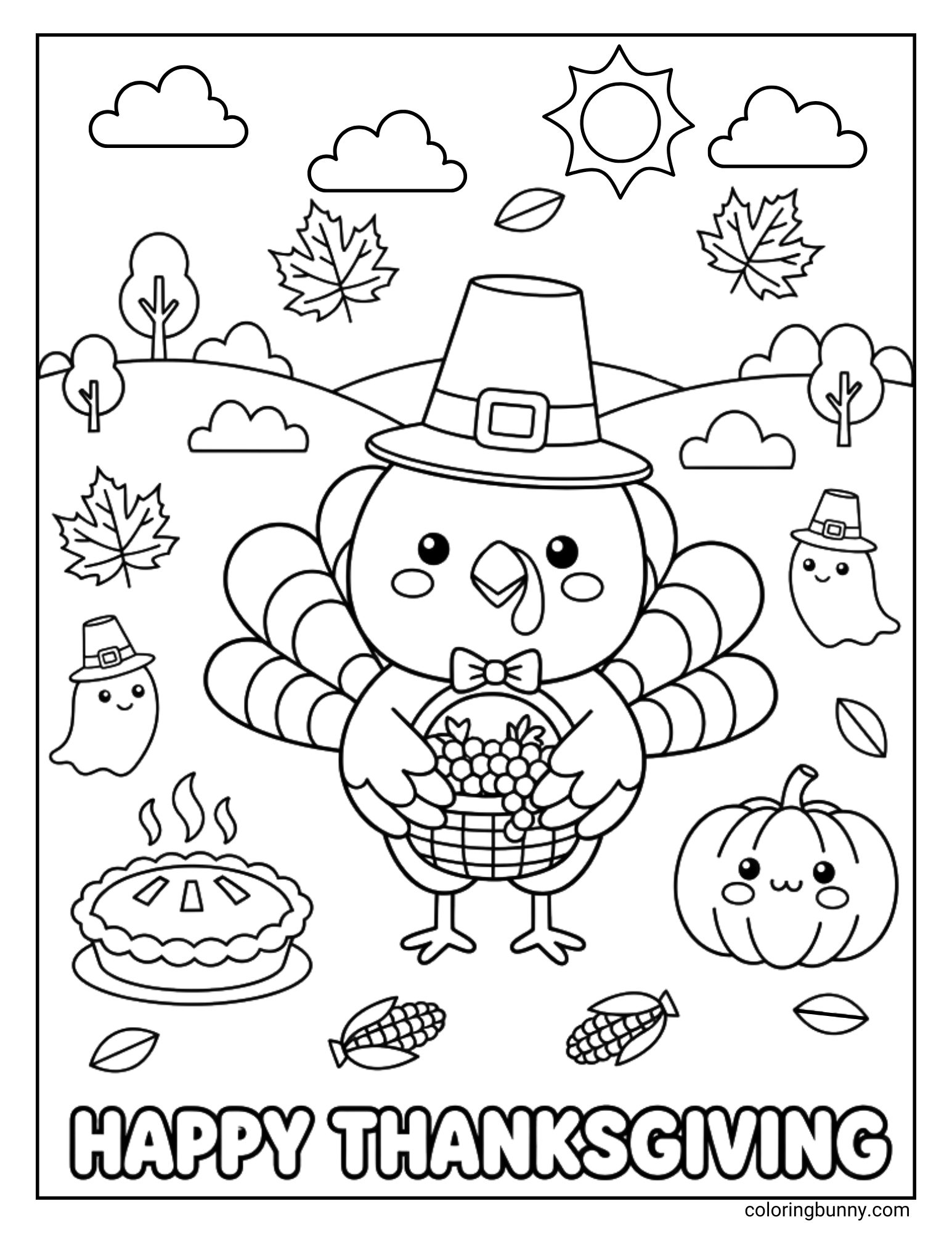 Coloring page for Thanksgiving, featuring a cute turkey in a pilgrim hat holding a basket of grapes. He is surrounded by a pie, a kawaii pumpkin, and two little ghosts also in pilgrim hats. The words 'Happy Thanksgiving' are at the bottom for coloring in.