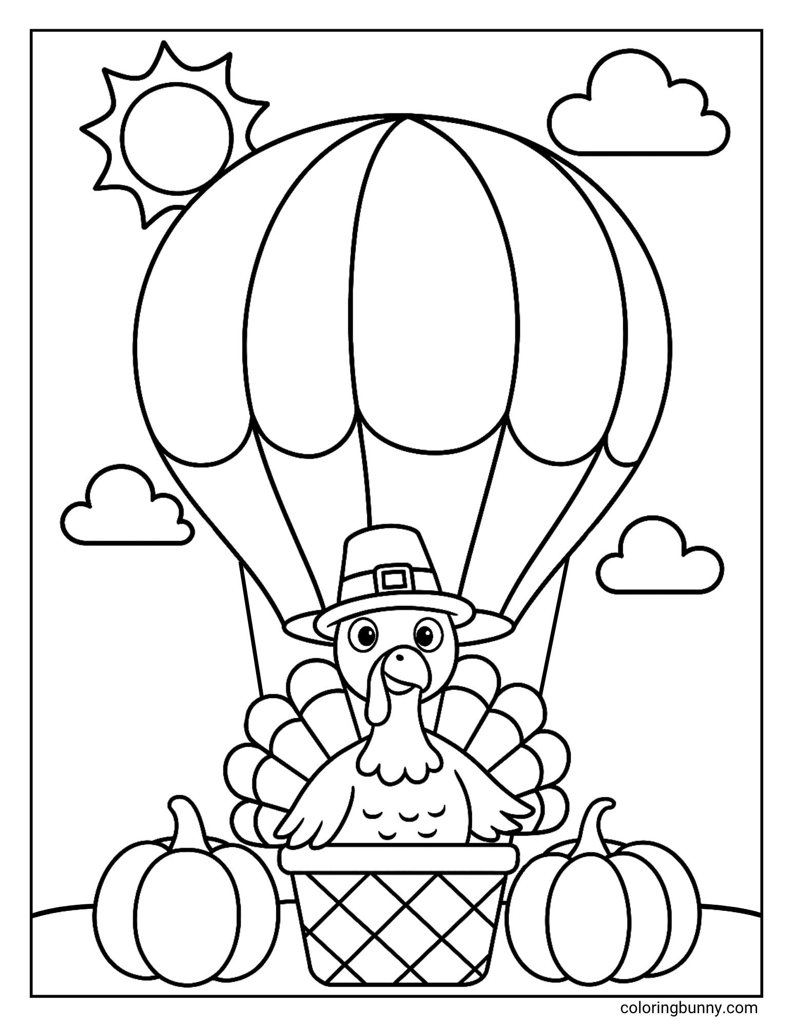 A turkey coloring page featuring a turkey wearing a pilgrim hat. The turkey is standing in the basket of a hot air balloon, flanked by two pumpkins on the ground. The background is a sunny sky with clouds.