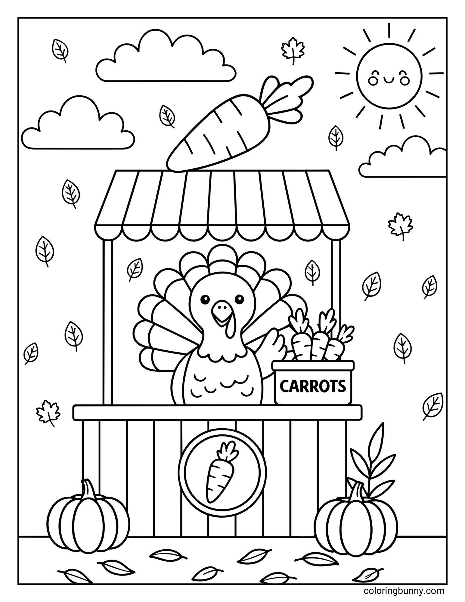 A turkey coloring page featuring a cute turkey. The turkey is standing in a market stall with a "CARROTS" sign and a large carrot on the roof. The scene includes two pumpkins at the base, a smiling sun, clouds, and falling leaves.