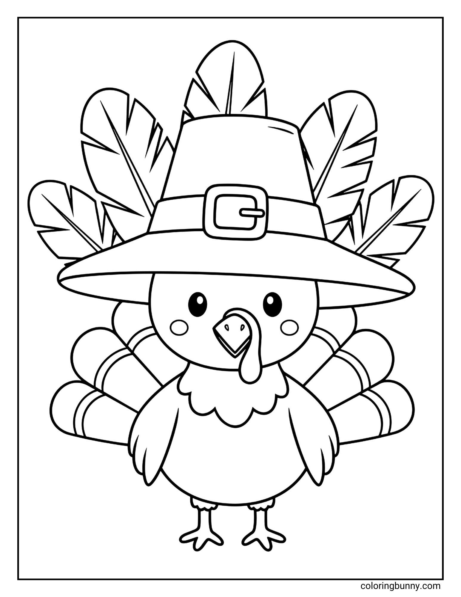 A black and white coloring page featuring a cute, standing turkey. The turkey is wearing a large pilgrim hat with a buckle, and several large feathers are sticking out from behind the hat.