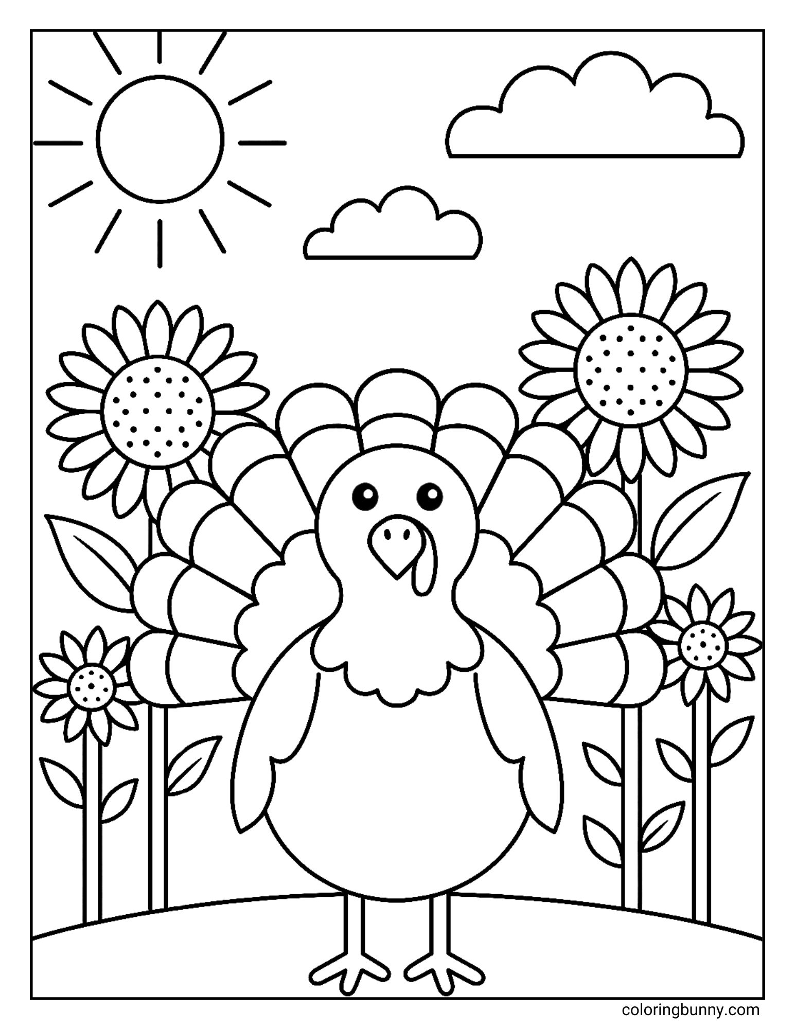 A turkey coloring page featuring a cute turkey standing in a field. The turkey is surrounded by four large sunflowers, and the background shows a sun and clouds.