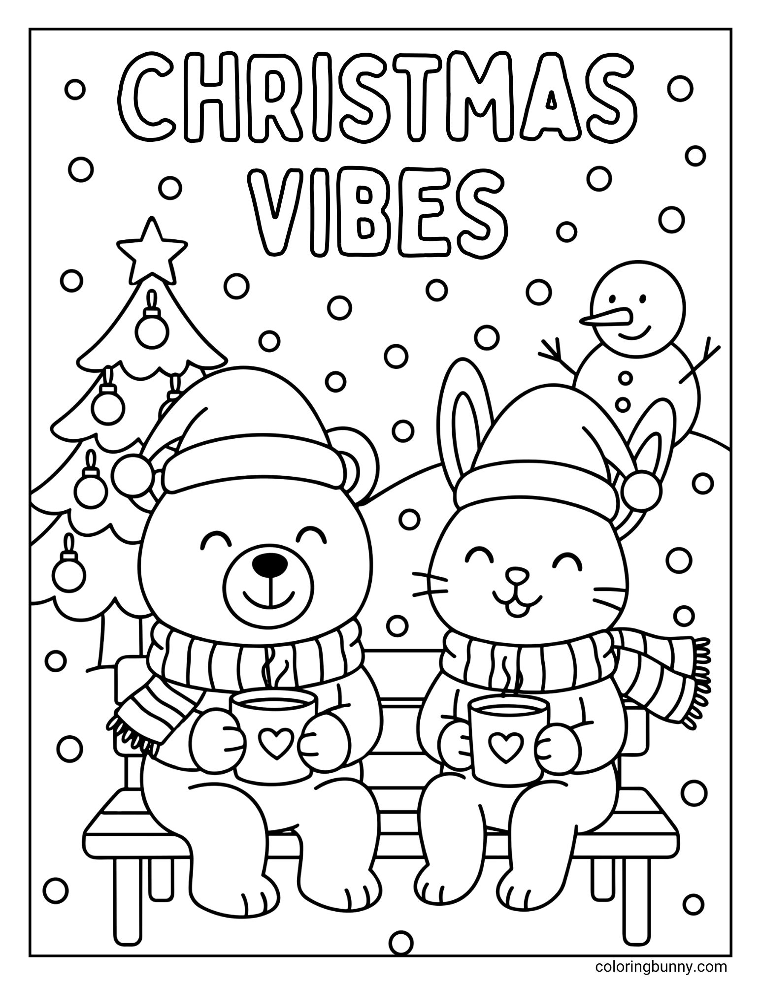 A black and white Christmas coloring page with the text "CHRISTMAS VIBES" at the top. It features a bear and a rabbit, both wearing Santa hats and scarves, sitting on a bench drinking hot cocoa. A Christmas tree and a snowman are in the background with falling snow.