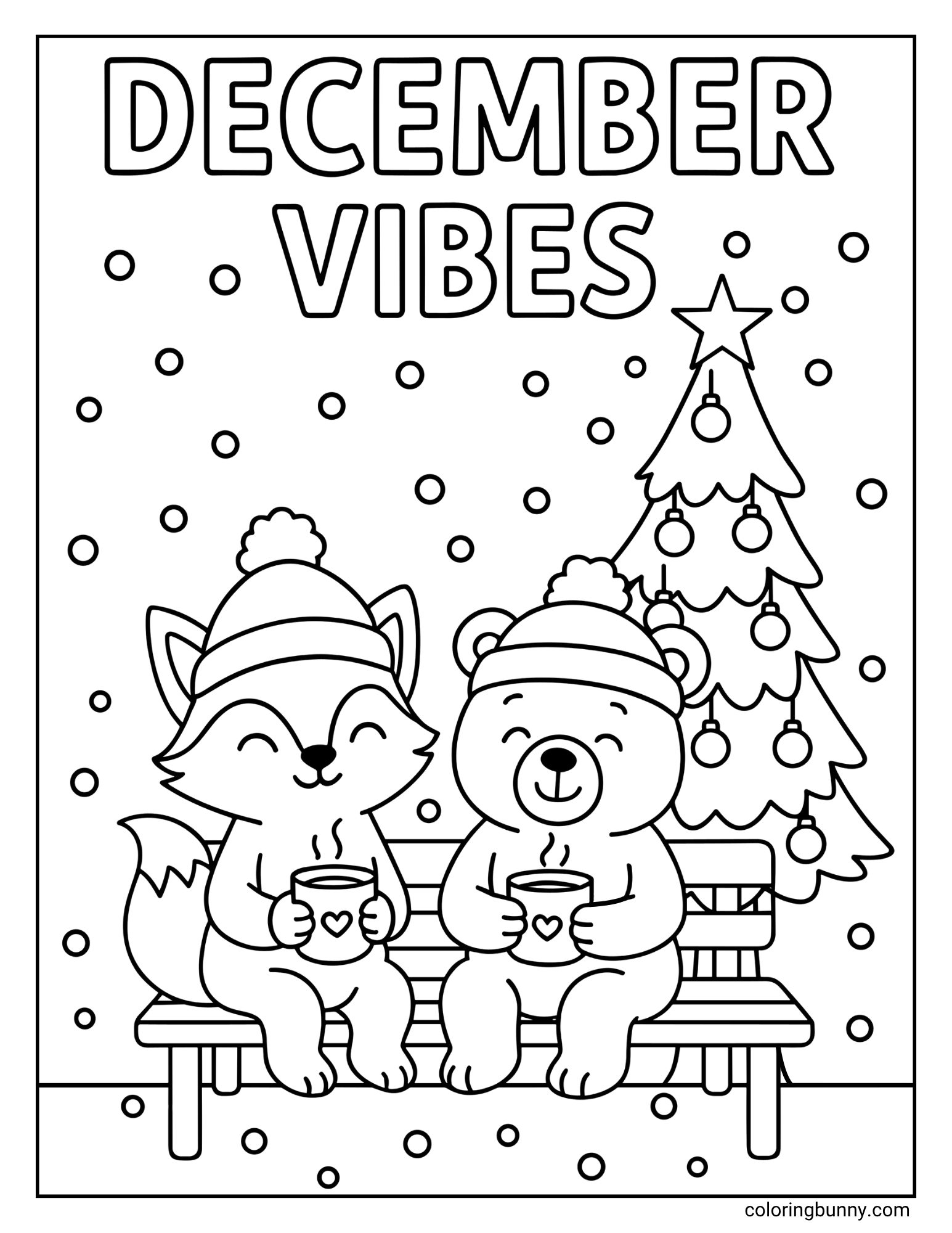 A black and white December coloring page with the text "DECEMBER VIBES" at the top. It features a cute fox and a bear, both wearing knit hats, sitting on a park bench and holding mugs. A decorated Christmas tree is next to them, and the background is filled with falling snow.