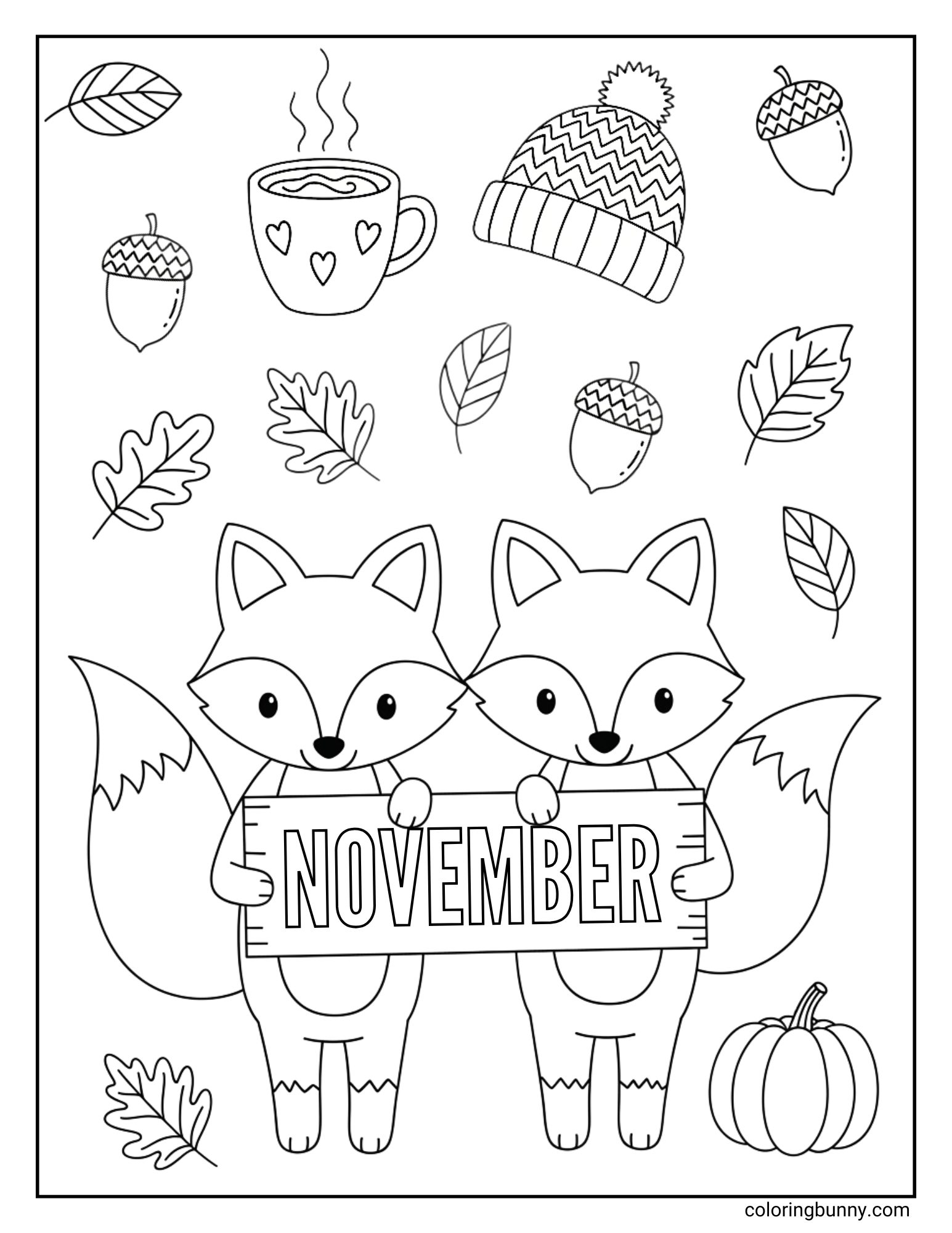 A black and white coloring page for November. It features two cute foxes standing side-by-side, holding a wooden sign that says "NOVEMBER". The background is filled with autumn items, including acorns, a pumpkin, falling leaves, a cozy knit hat, and a steaming mug.