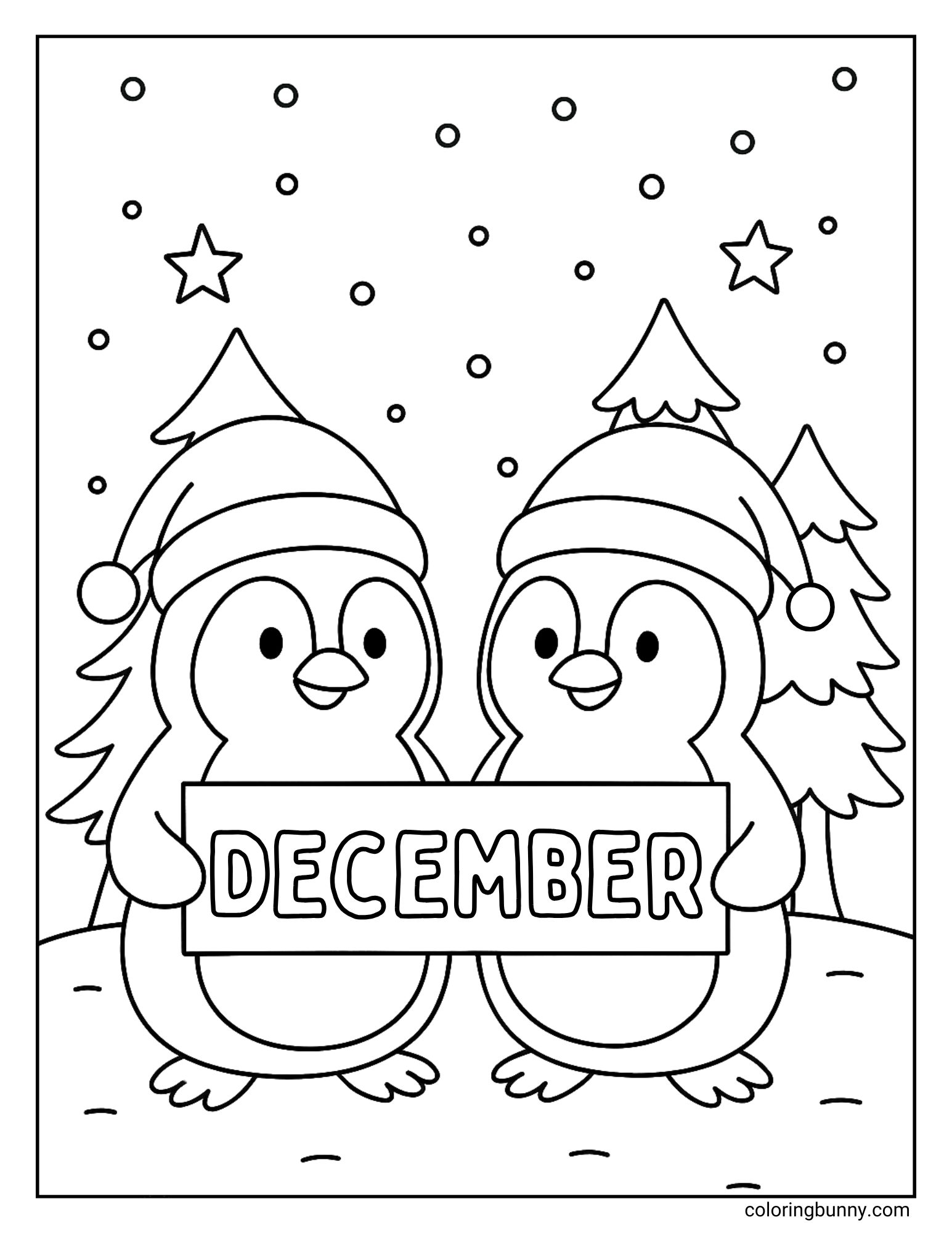 A black and white coloring page featuring two cute penguins. Both penguins are wearing Santa hats and are holding a sign that says "DECEMBER". The background is a snowy scene with pine trees, stars, and falling snow.