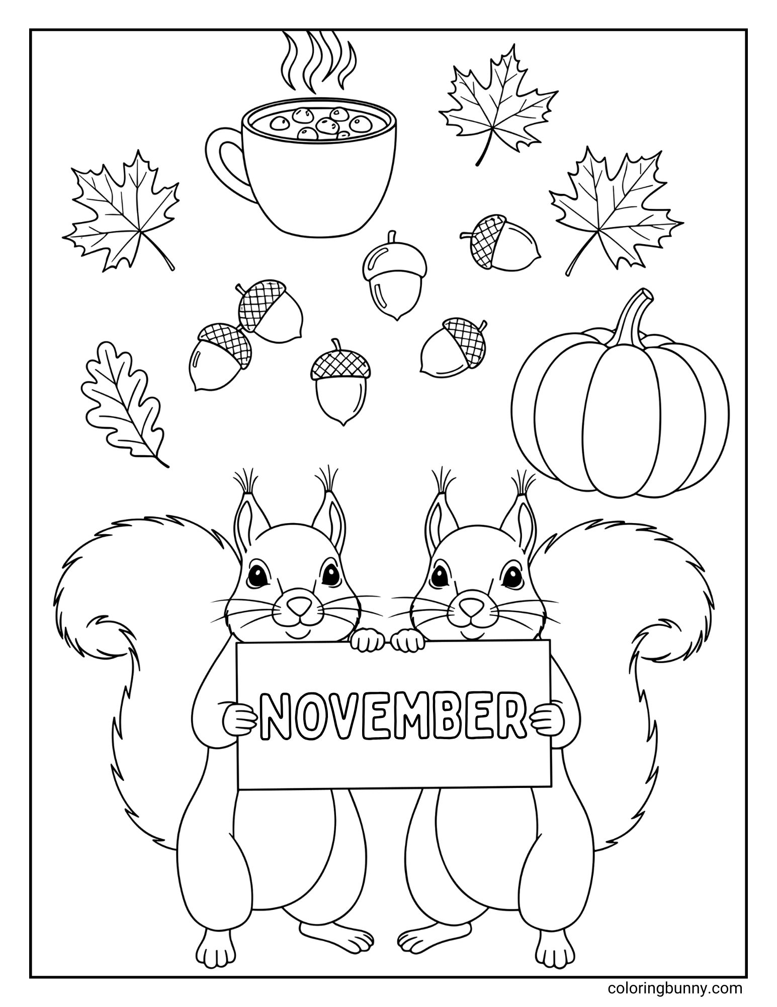 A black and white coloring page for November. It features two squirrels standing side-by-side, holding a sign that says "NOVEMBER". The background is filled with autumn items, including acorns, a pumpkin, maple leaves, and a steaming mug of hot cocoa.