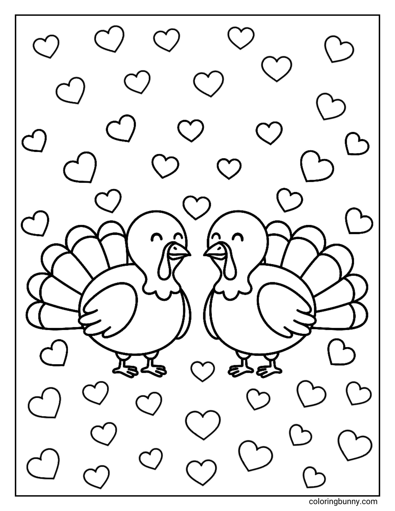 A turkey coloring page featuring two cute, smiling turkeys. They are standing and facing each other, and the background is completely filled with a pattern of floating hearts.