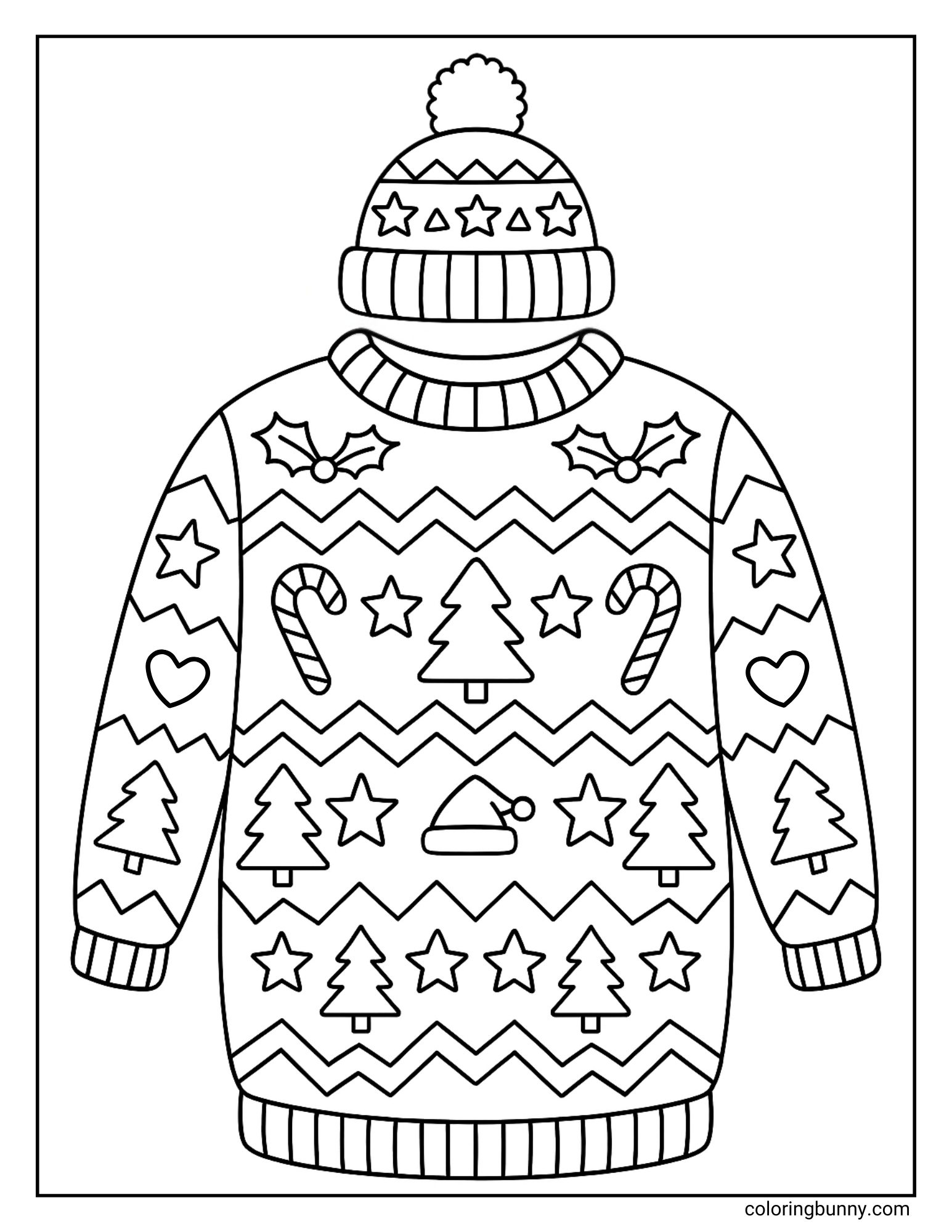 A ugly Christmas jumper coloring page featuring a winter beanie floating above a patterned jumper. The design includes holly berries, candy canes, pine trees, a Santa hat, and rows of stars and zig-zag lines.