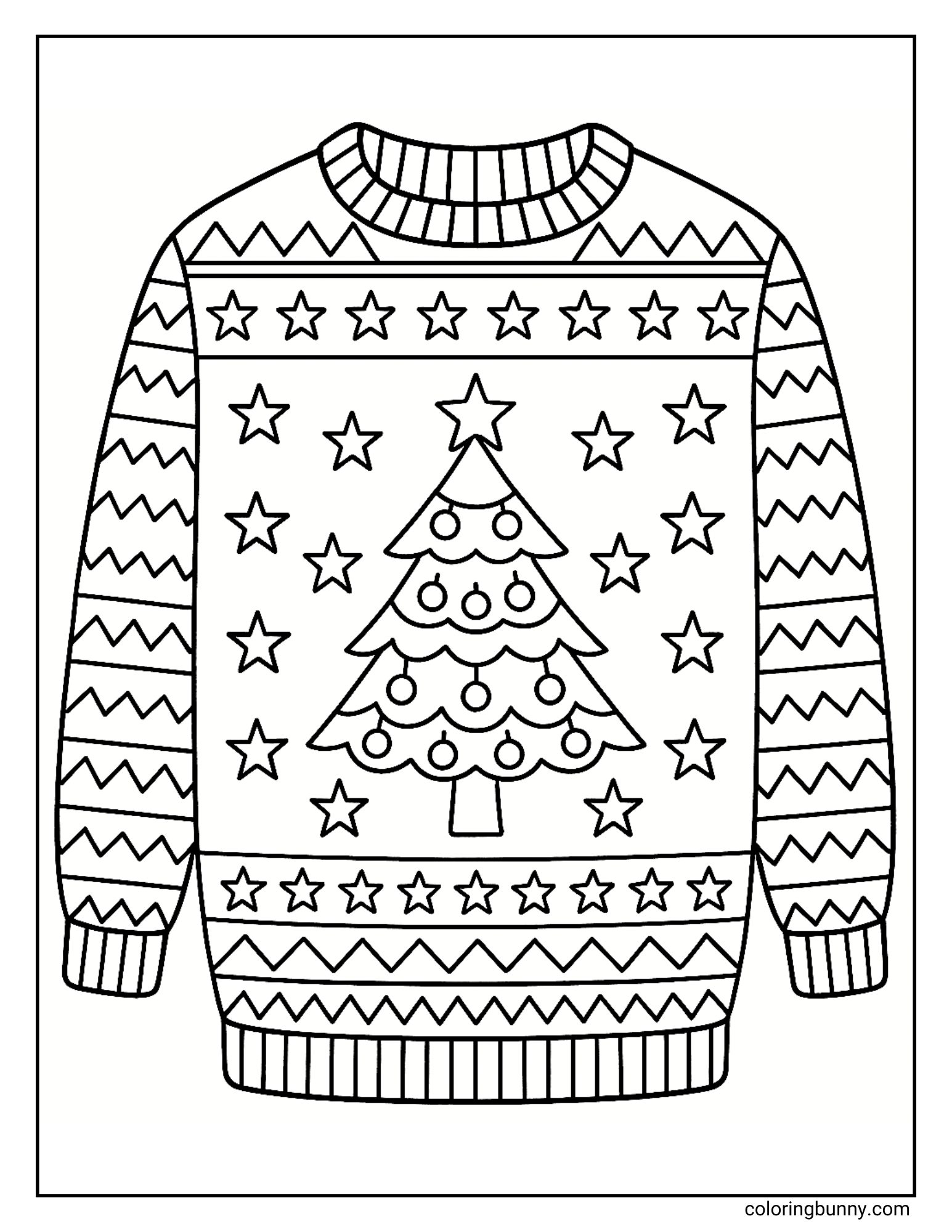 A coloring sheet featuring a knitted Christmas sweater design. The center depicts a decorated Christmas tree surrounded by many five-pointed stars, while the sleeves and hem are patterned with rows of zigzag lines.